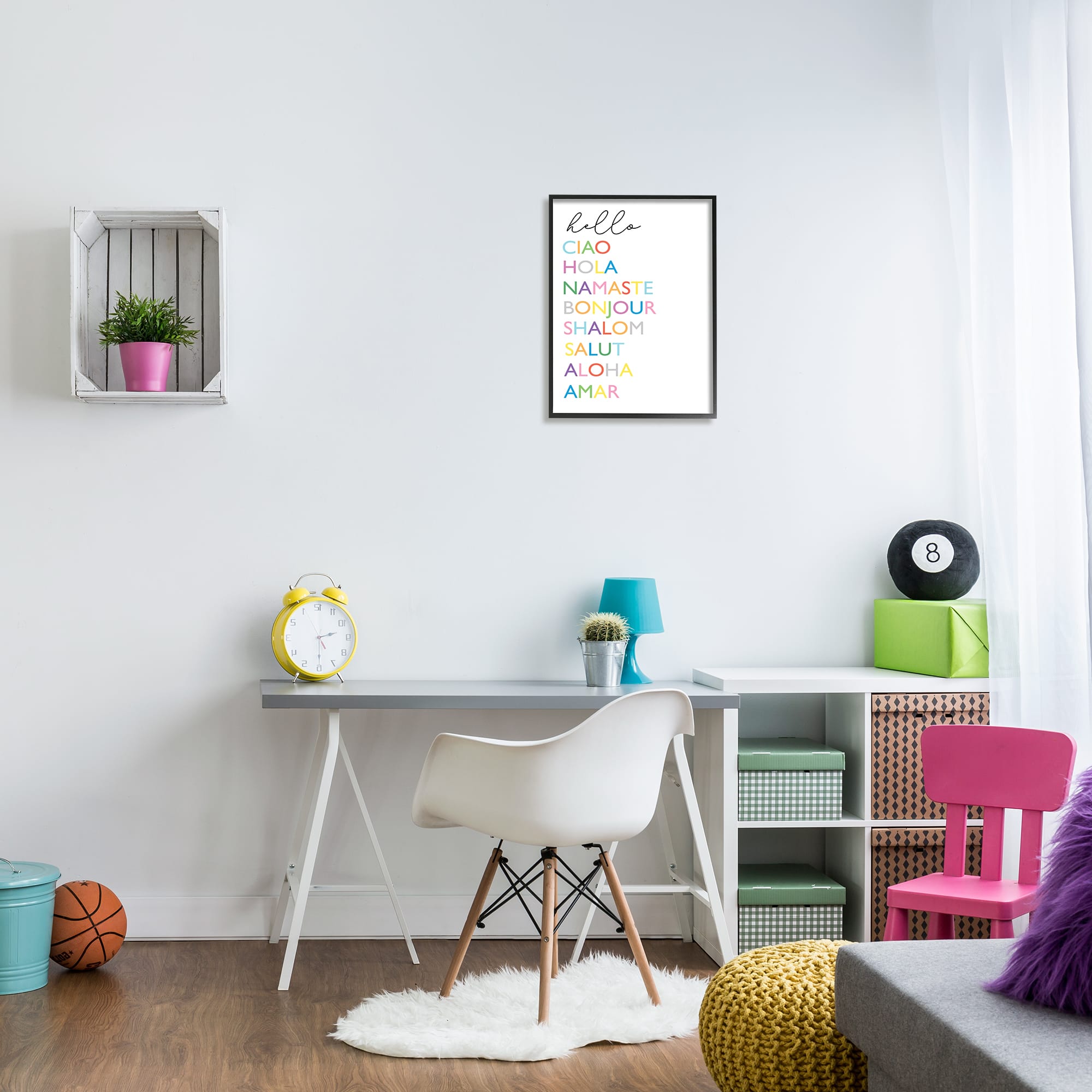 Stupell Industries Hello Ciao Hola Namaste Greetings Rainbow Typography in Black Frame Wall Art