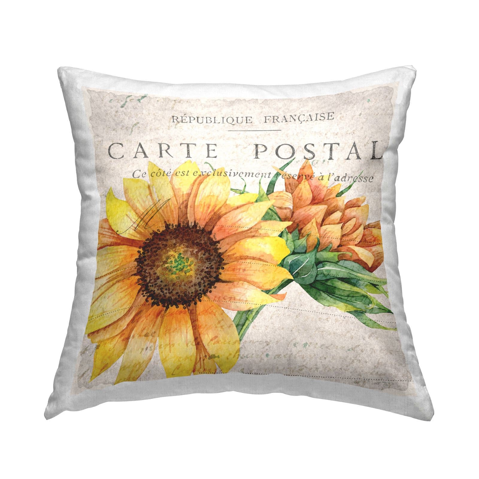 Stupell Industries Vintage French Words Sunflower Floral Calligraphy Throw Pillow, 18" x 18"