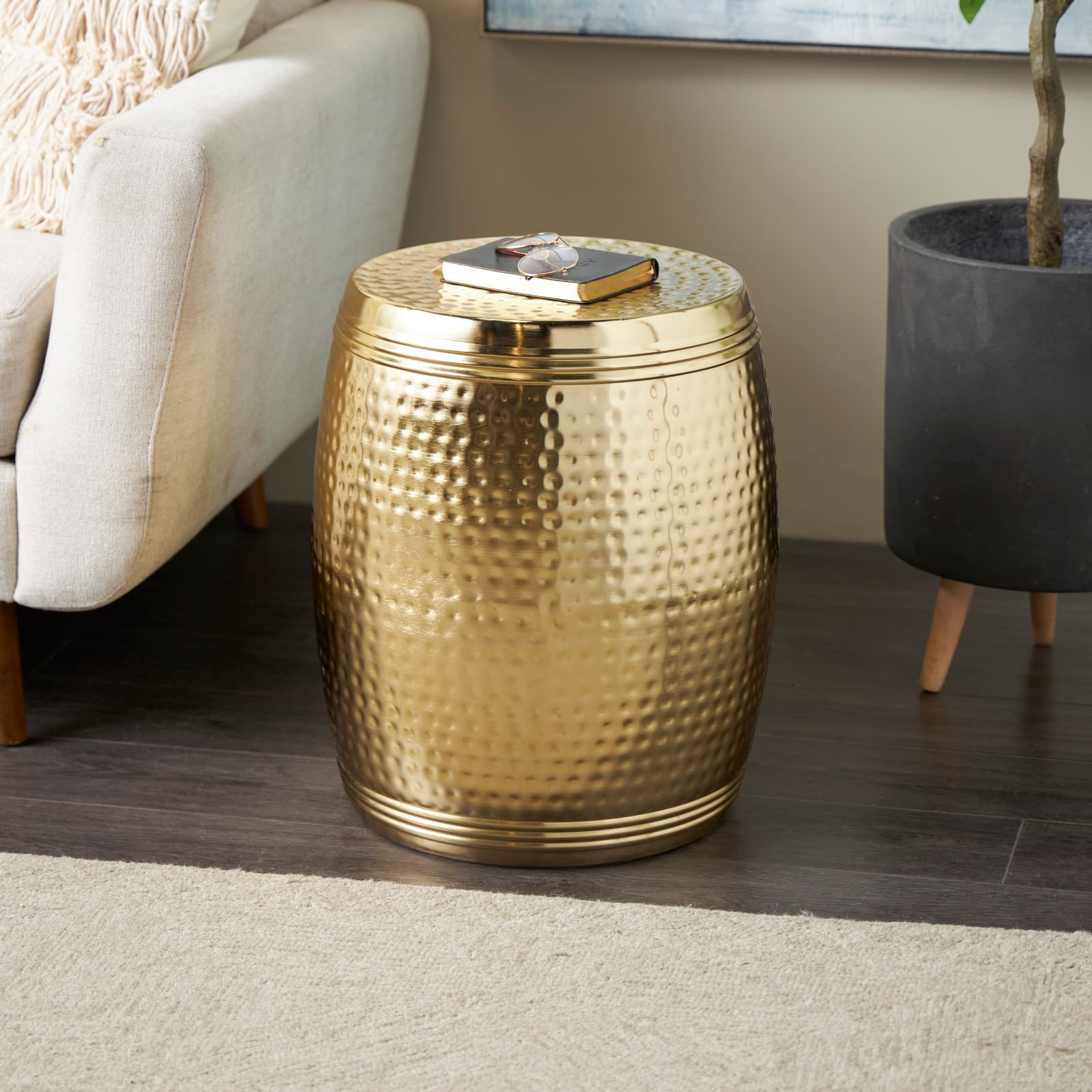 19&#x22; Gold Metal Hammered Drum Side End Accent Table