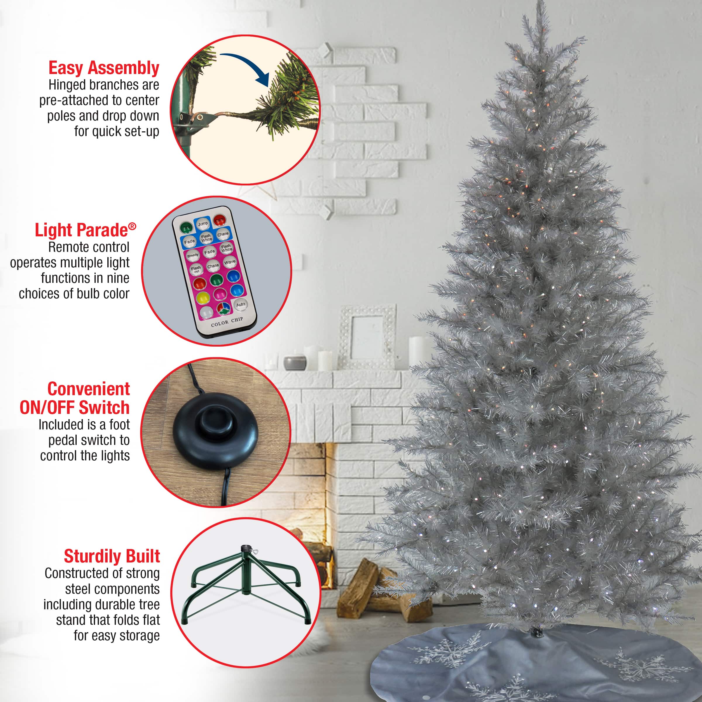 7.5ft. Pre-Lit Crystal Silver Metallic Artificial Christmas Tree, Multicolor LED Lights