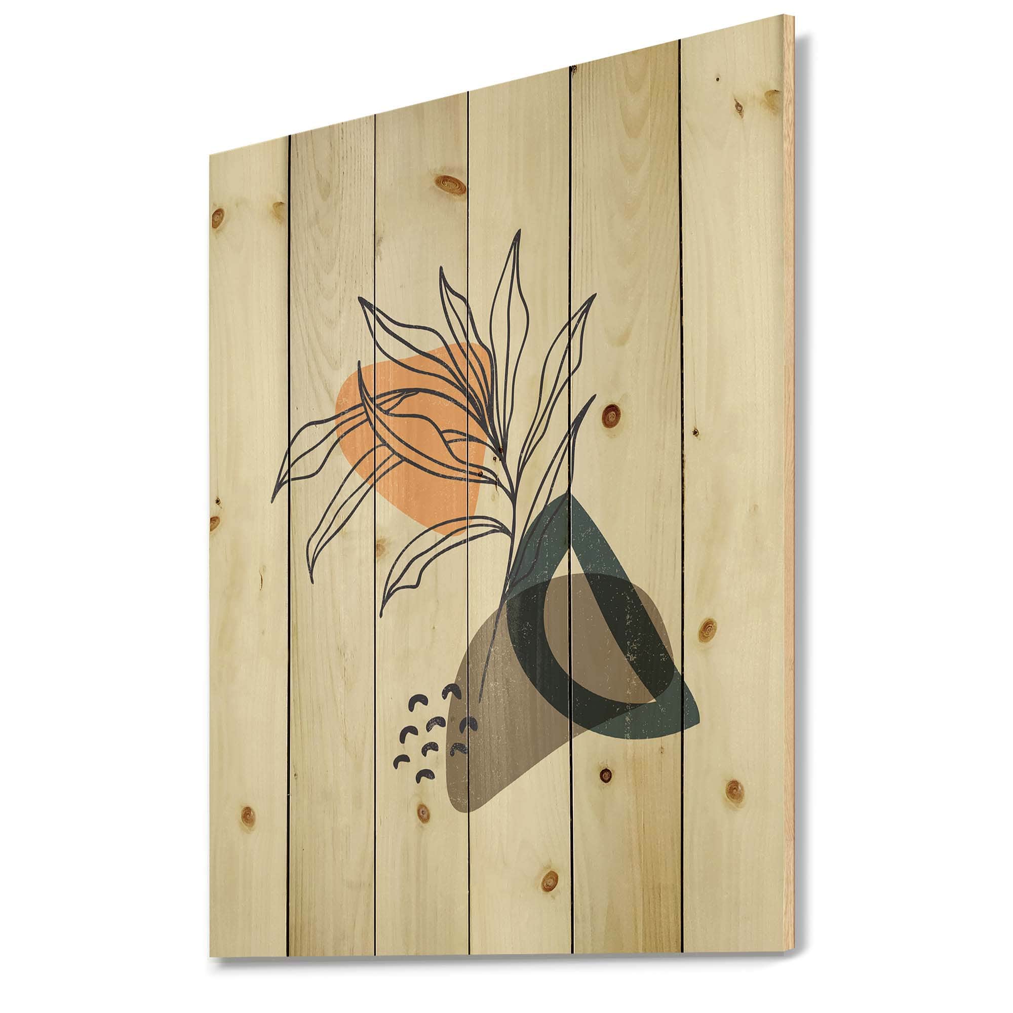 Designart - Vintage Plant With Minimalist Shapes I - Modern Print on Natural Pine Wood