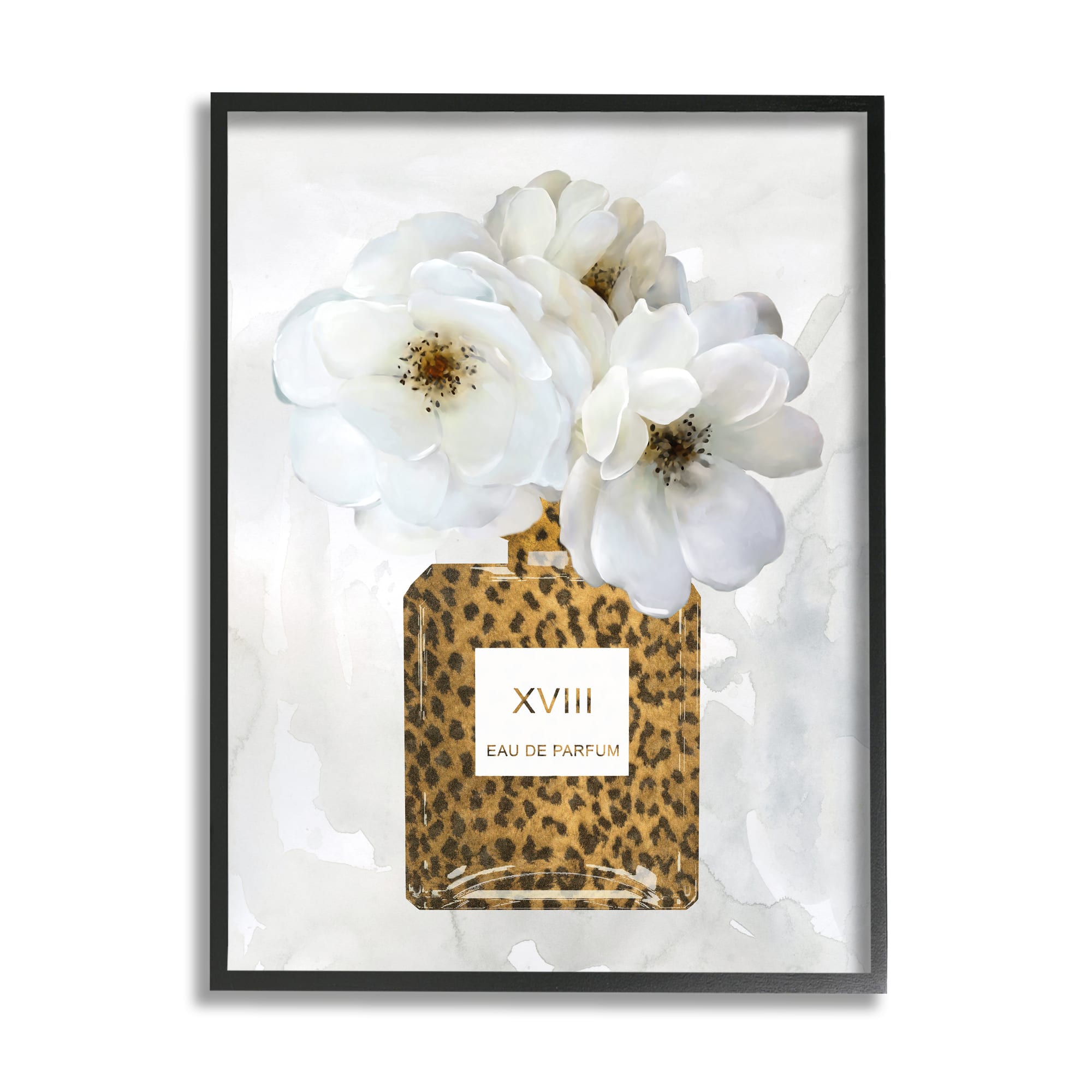 Stupell Industries Leopard Print Perfume Bottle Glam White Spring Florals Framed Wall Art