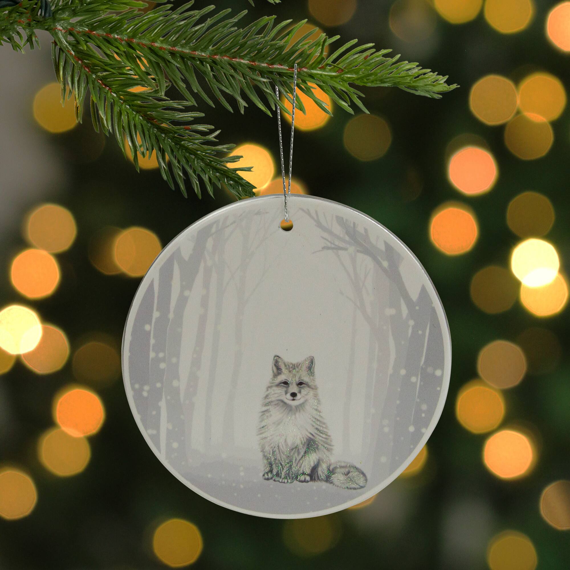 White &#x26; Silver Porcelain Arctic Fox Disc Ornament