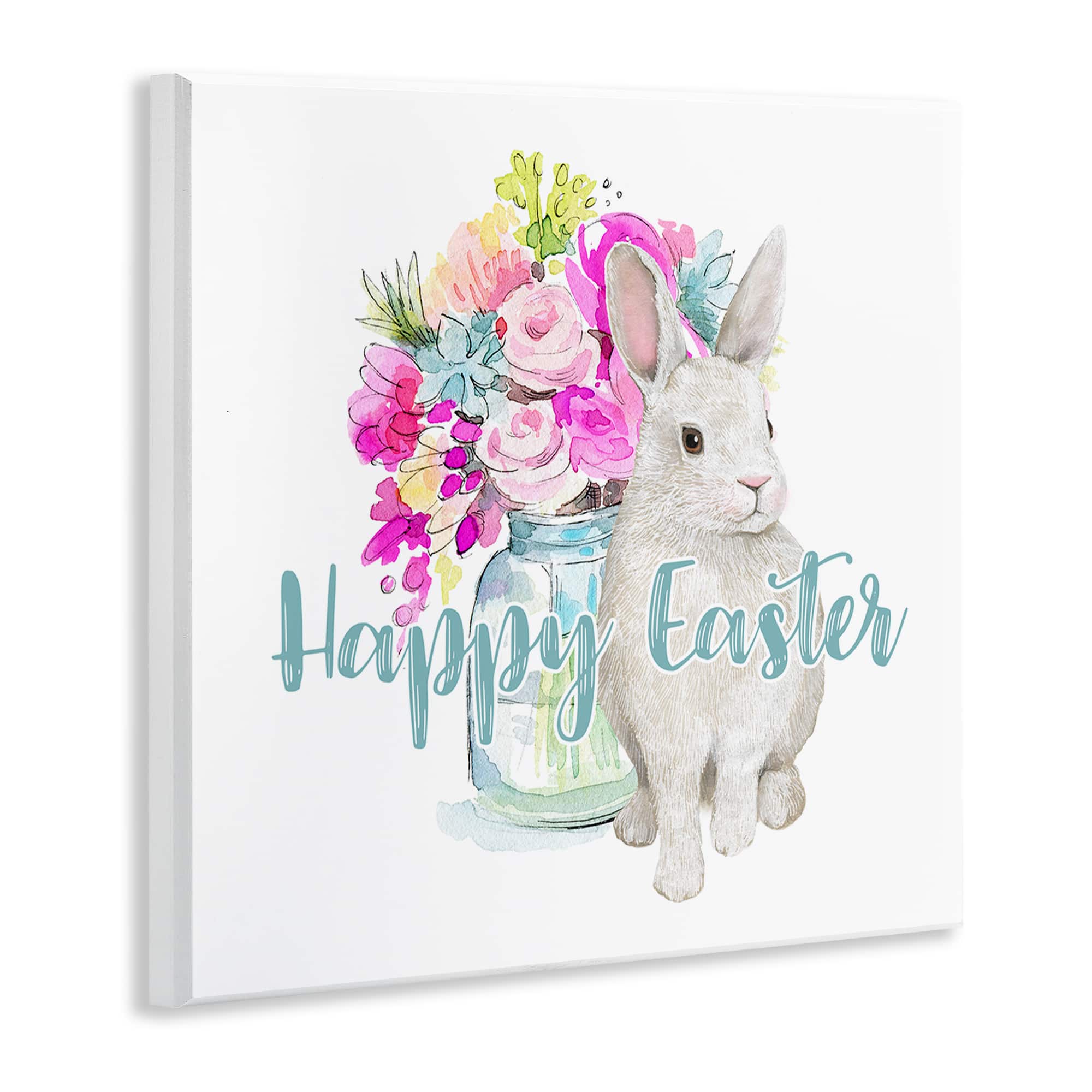 Stupell Industries Happy Easter Calligraphy Bunny Pink Flower Bouquet Wall Plaque Art