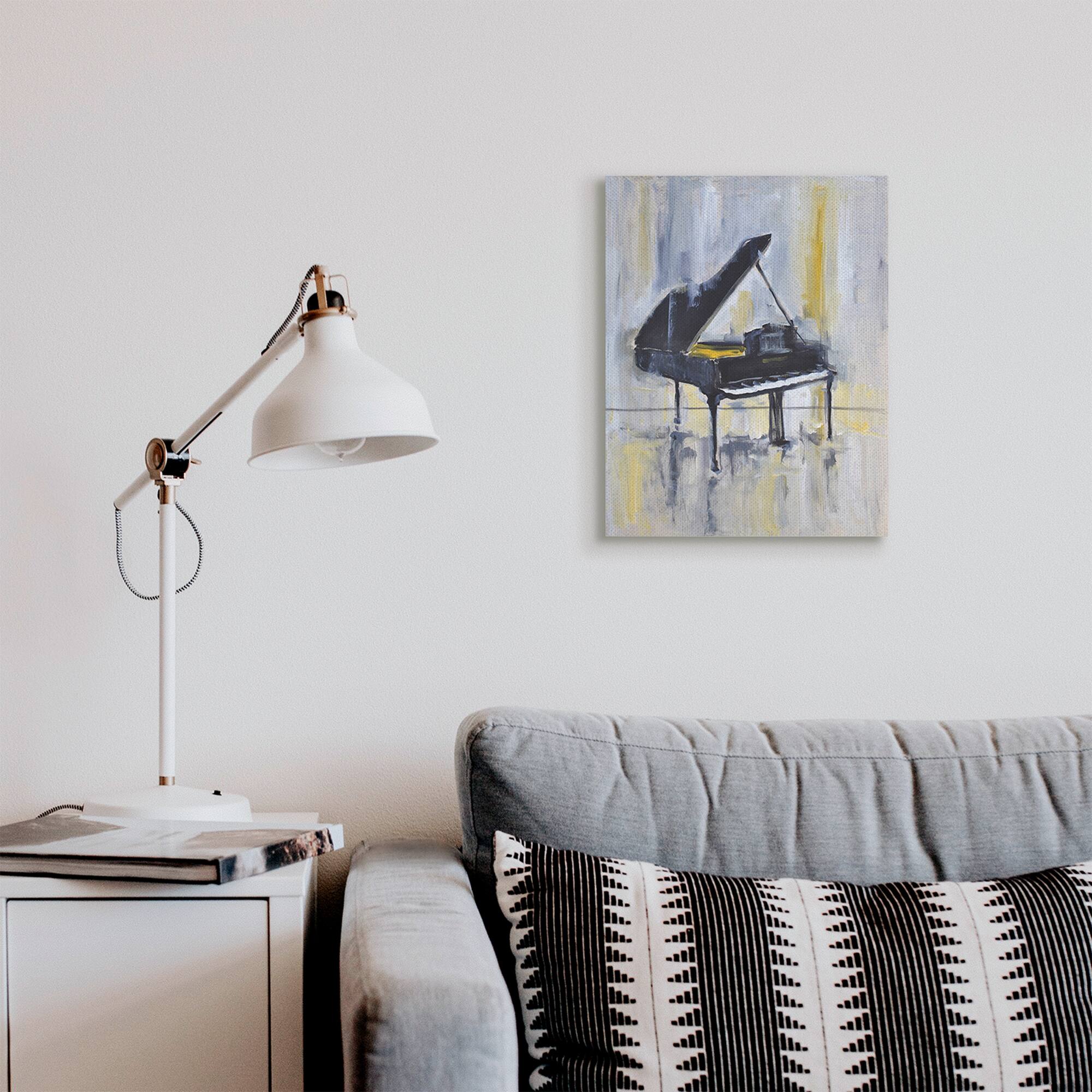 Stupell Industries Distressed Grand Piano Instrument Blue Gold Canvas Wall Art