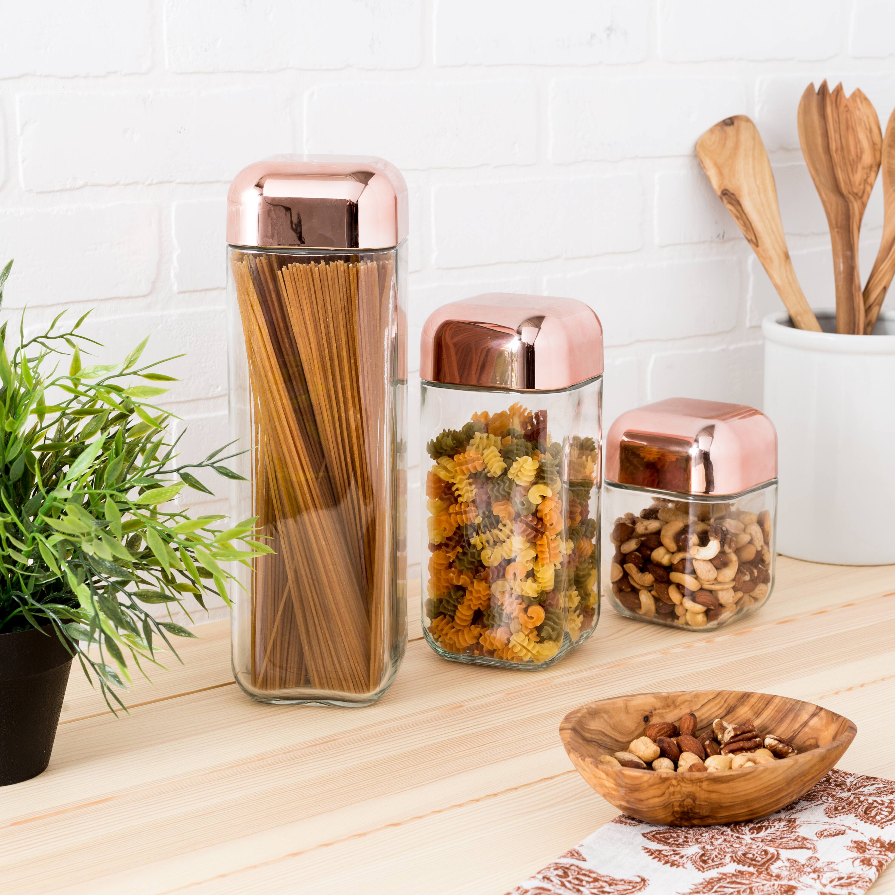Honey Can Do Rose &#x26; Clear Square Storage Jar Set, 3 Pieces