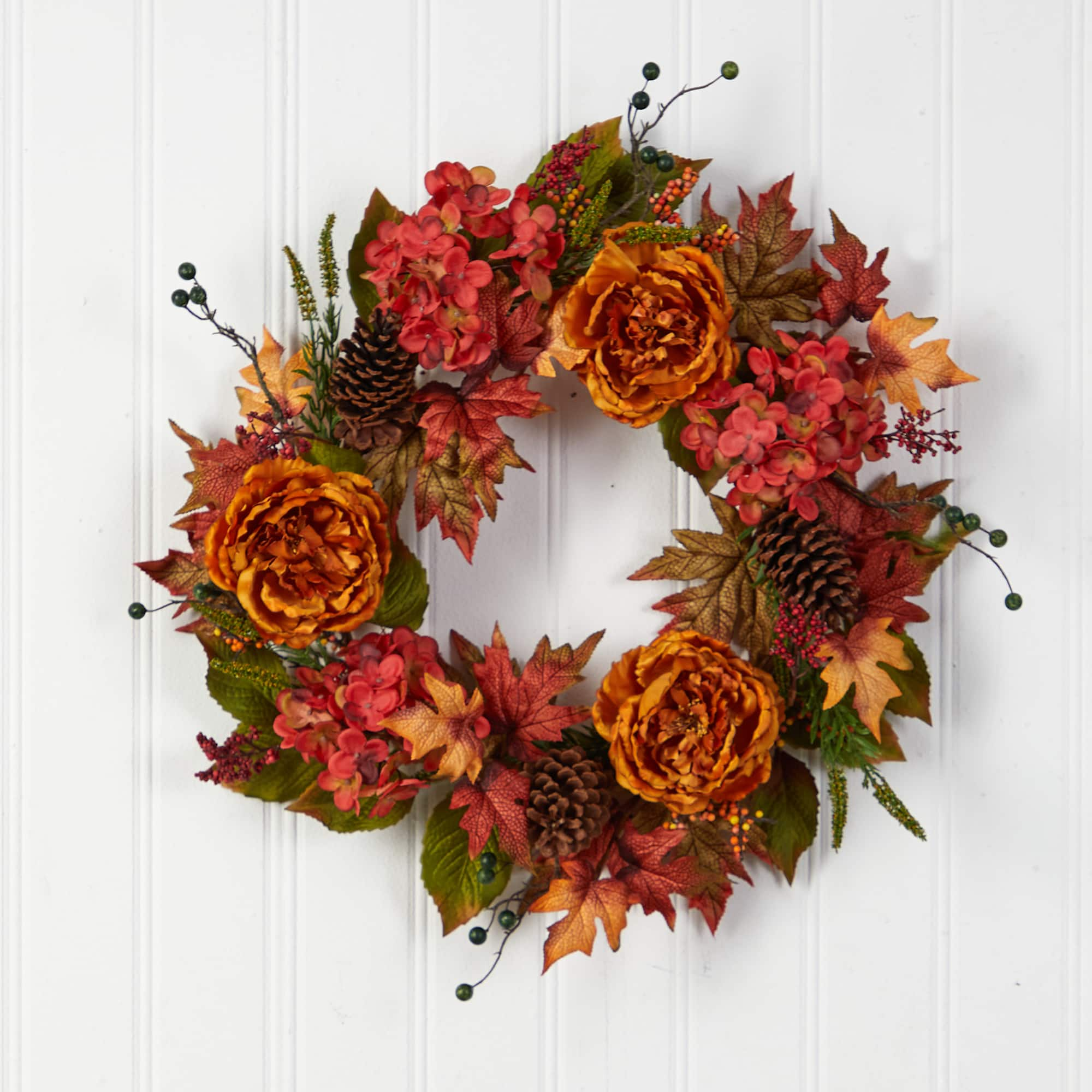 25&#x22; Ranunculus, Hydrangea &#x26; Berries Autumn Artificial Wreath