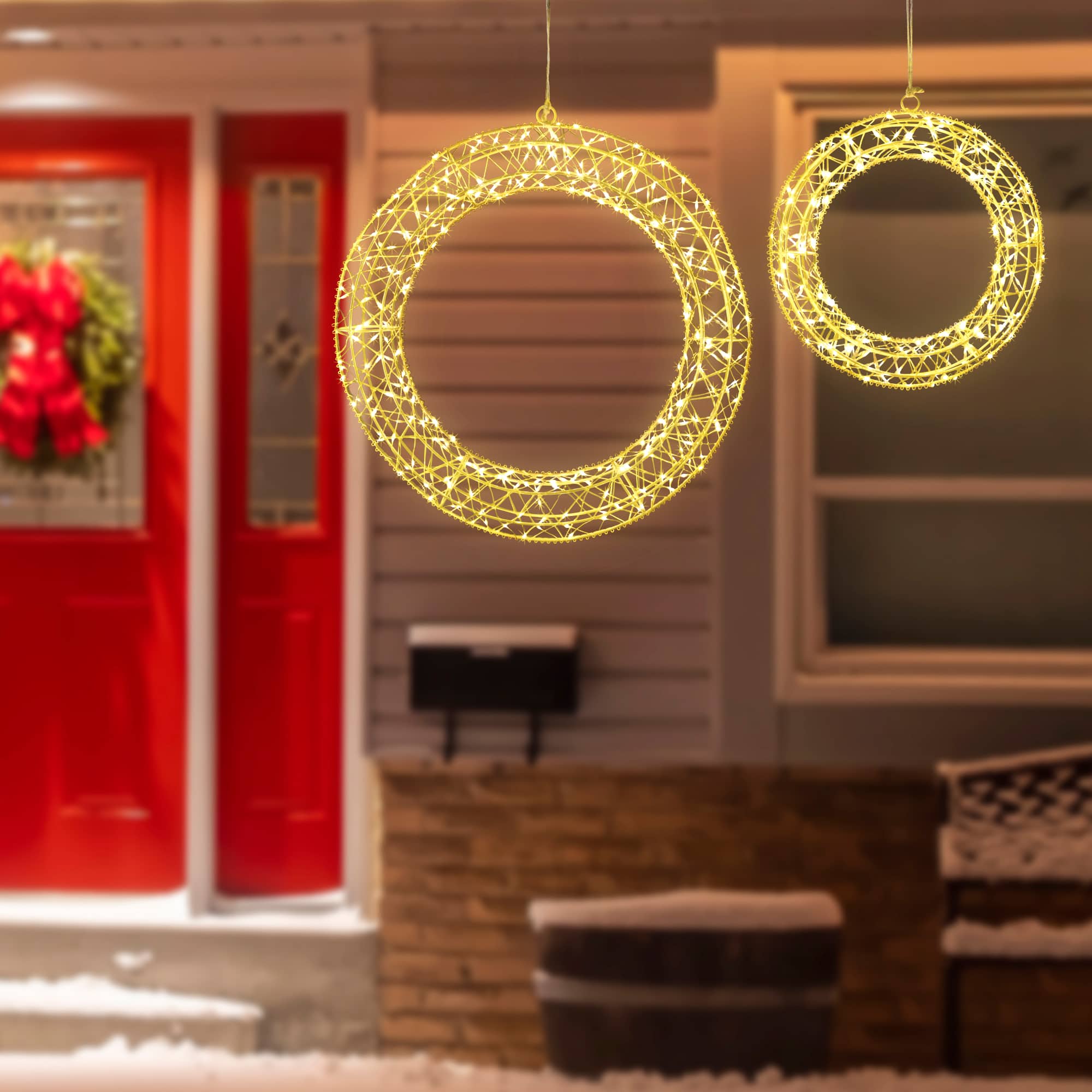 LED Lighted Hanging Christmas Wreath Decorations - 18&#x22; -  Set of 2 - Gold Lights