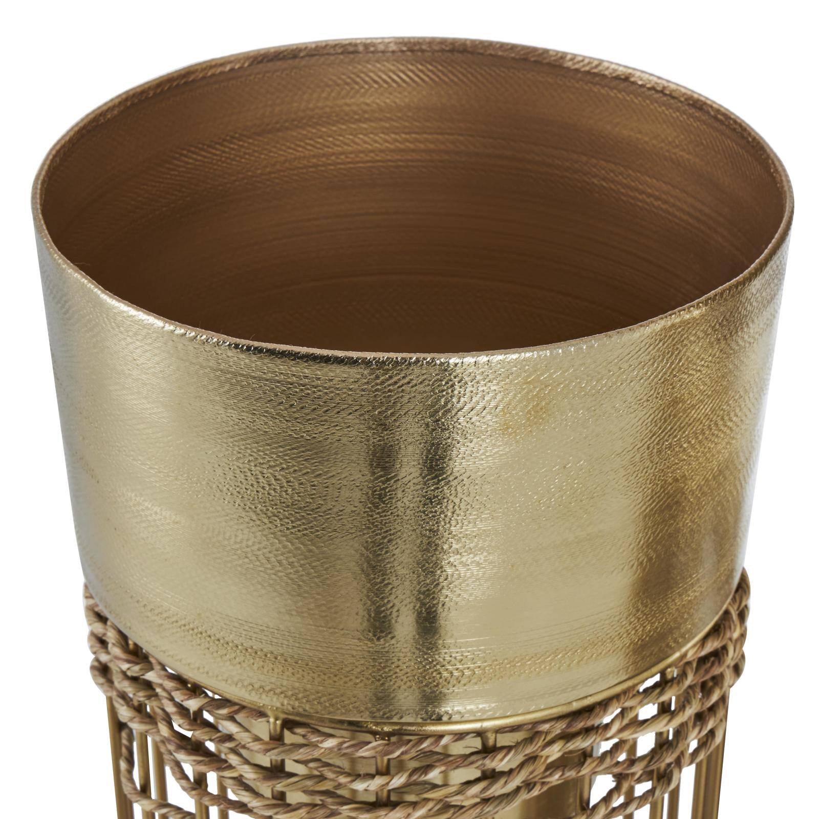 Gold Metal Textured Cylindrical Dome Planter &#x26; Pedestal Base Set