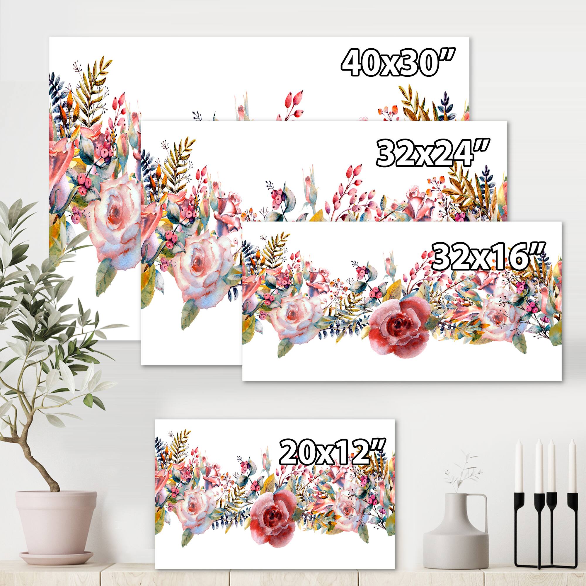 Designart - Pink Roses and Wildflower - Farmhouse Canvas Wall Art Print