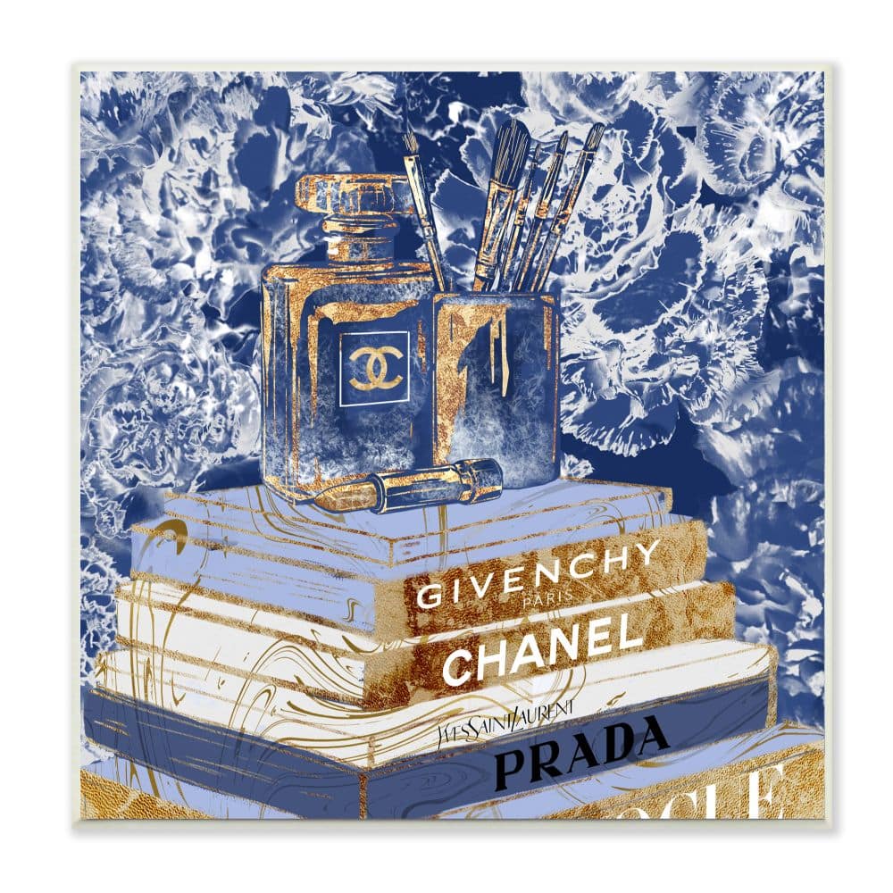Stupell Industries Fashion Book Pile Glam Designer Accessories Blue Gold Wood Wall Plaque