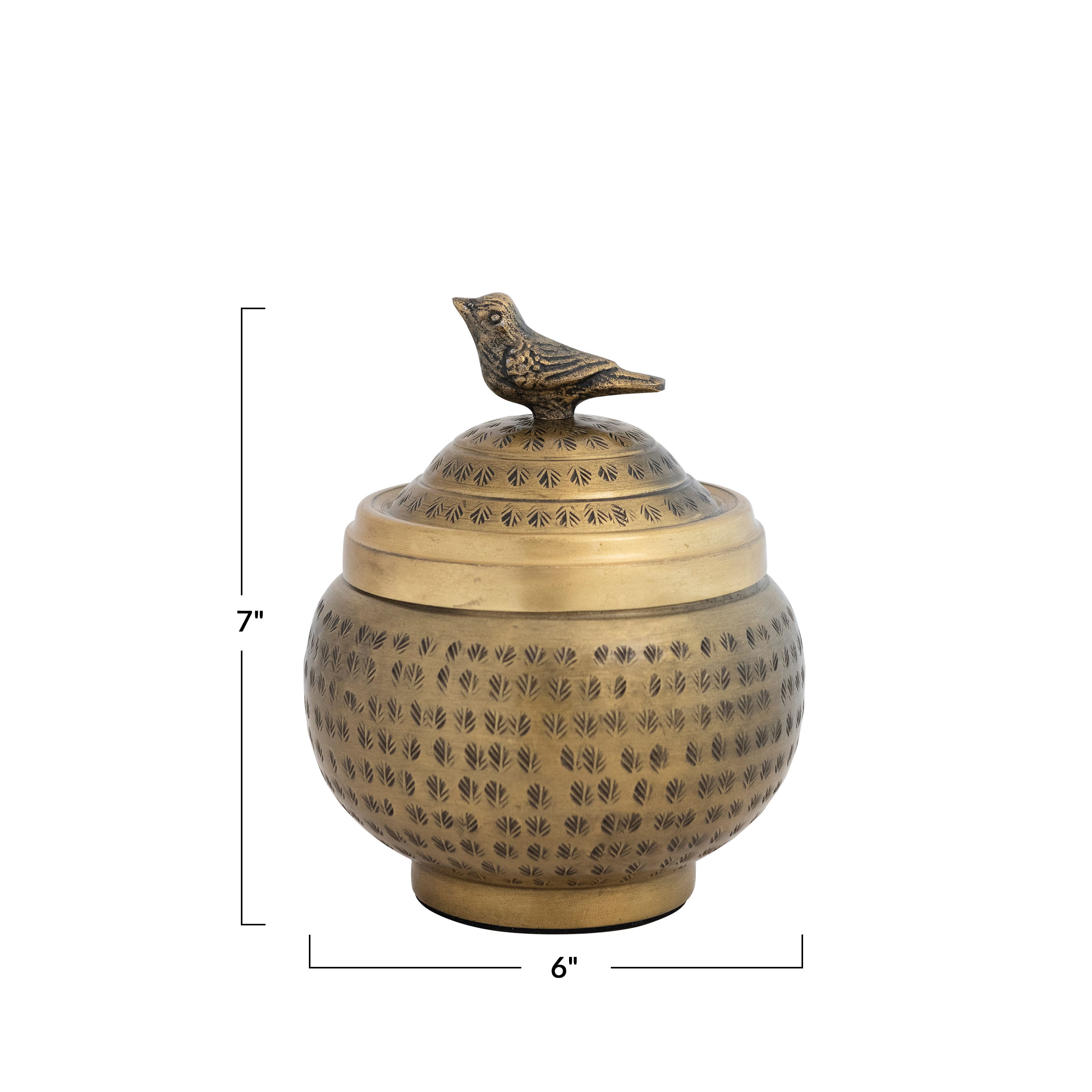7&#x22; Antique Brass Finish Hammered Aluminum Sphere Container with Lid &#x26; Bird