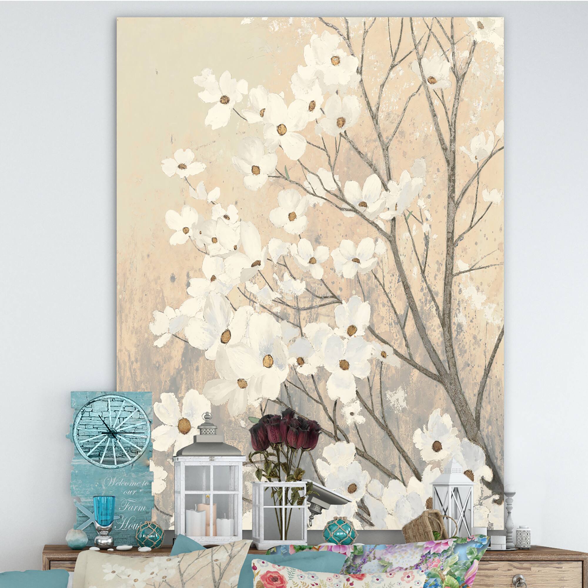 Designart - Brown onn Grey Blossoms - Traditional Canvas Art