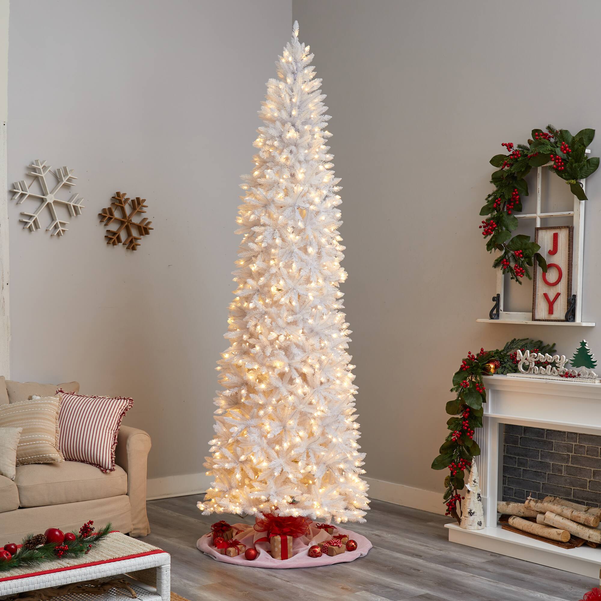 10ft. Pre-Lit Slim White Artificial Christmas Tree, Warm White LED Lights