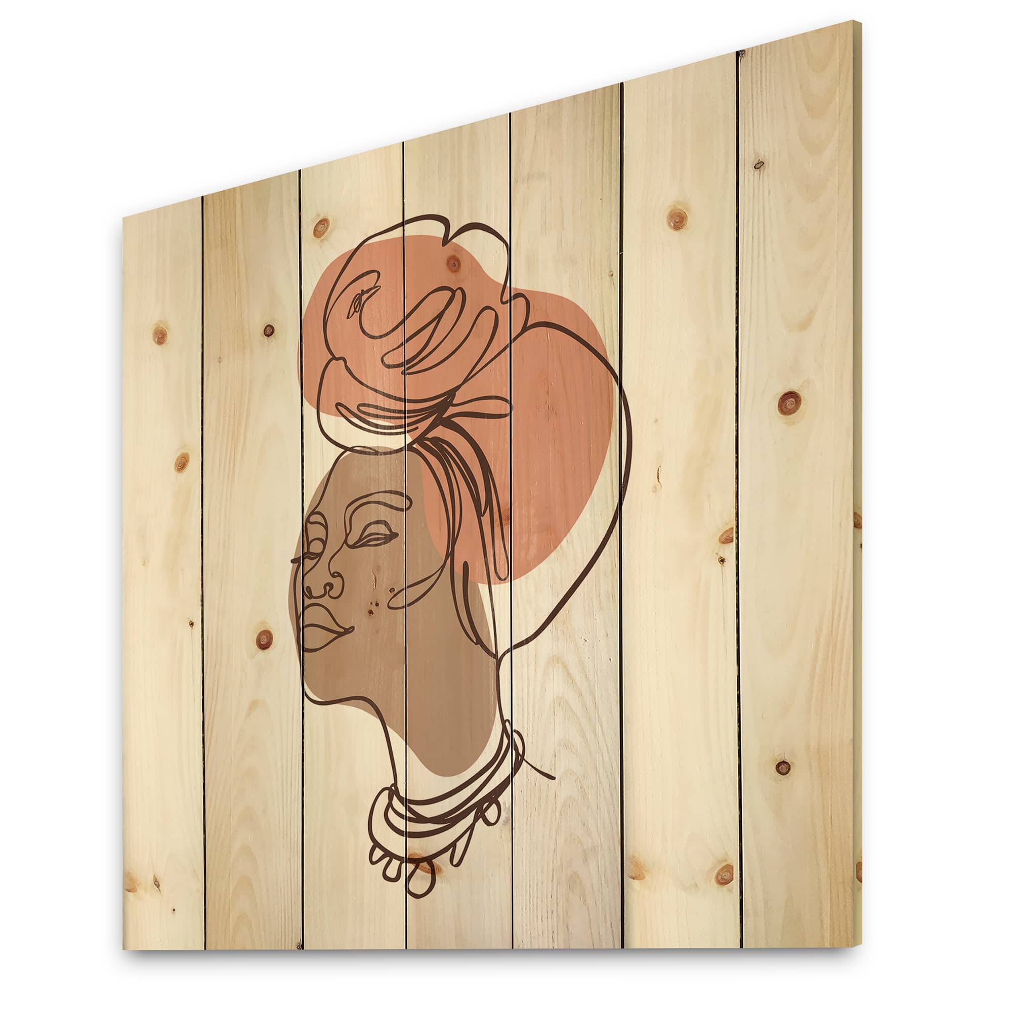 Designart - One Line Portrait of African American Woman IV - Modern Print on Natural Pine Wood