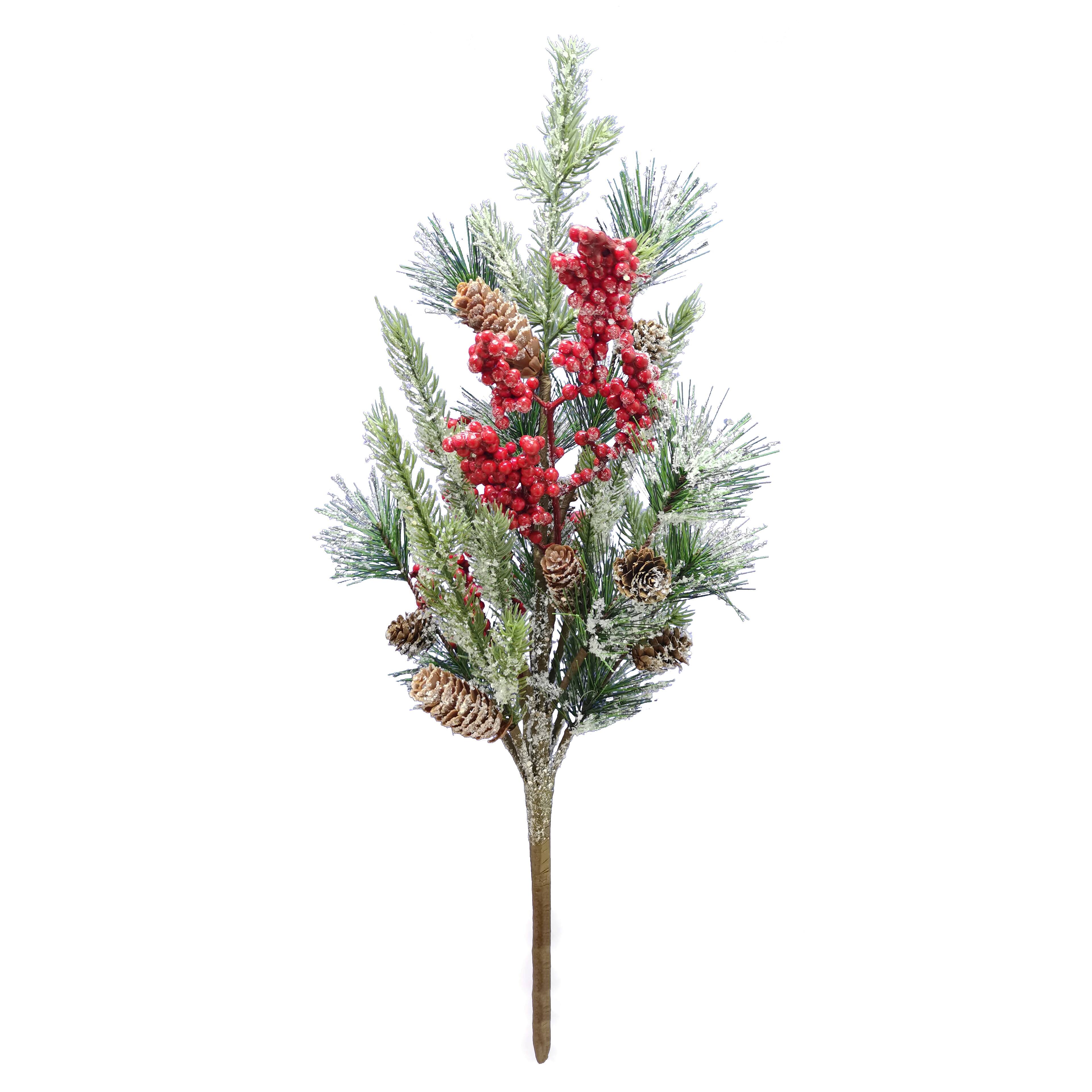 Lot of 2 Ashland Christmas Branch Frosted Floral Pick Bush w Pine Cones 18  Snow