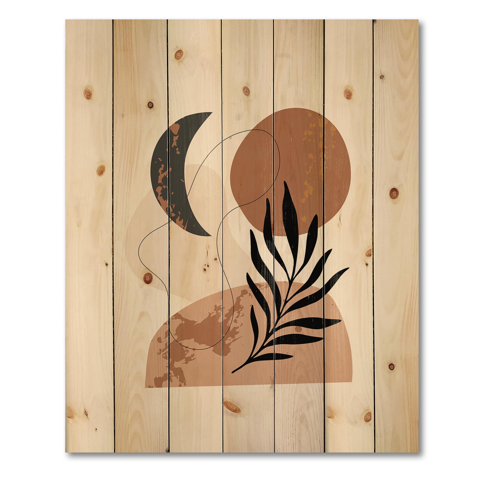 Designart - Moon &#x26; Sun Shapes In Retro Terracotta Tones I - Modern Print on Natural Pine Wood