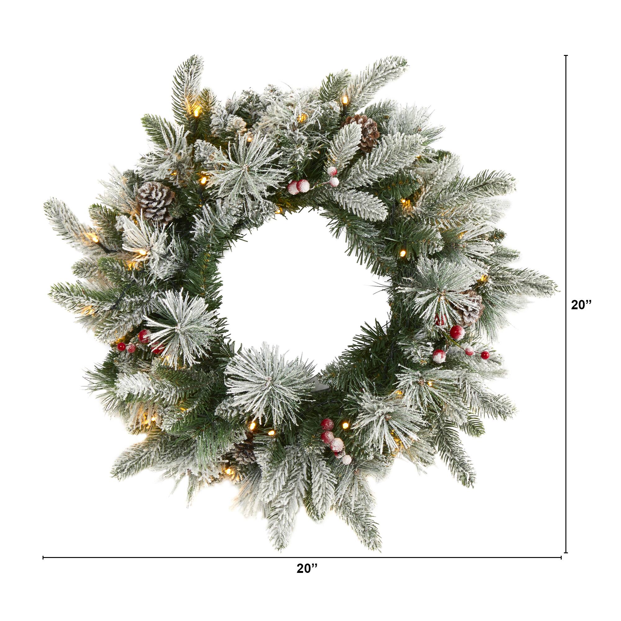 20" LED Flocked Mixed Pine & Berry Artificial Christmas Wreath
