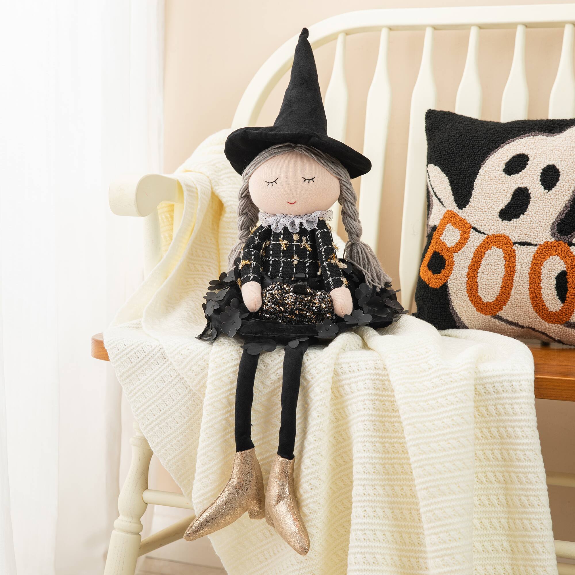 Glitzhome&#xAE; 29&#x22; Halloween Fabric Dressed Witch Sitter