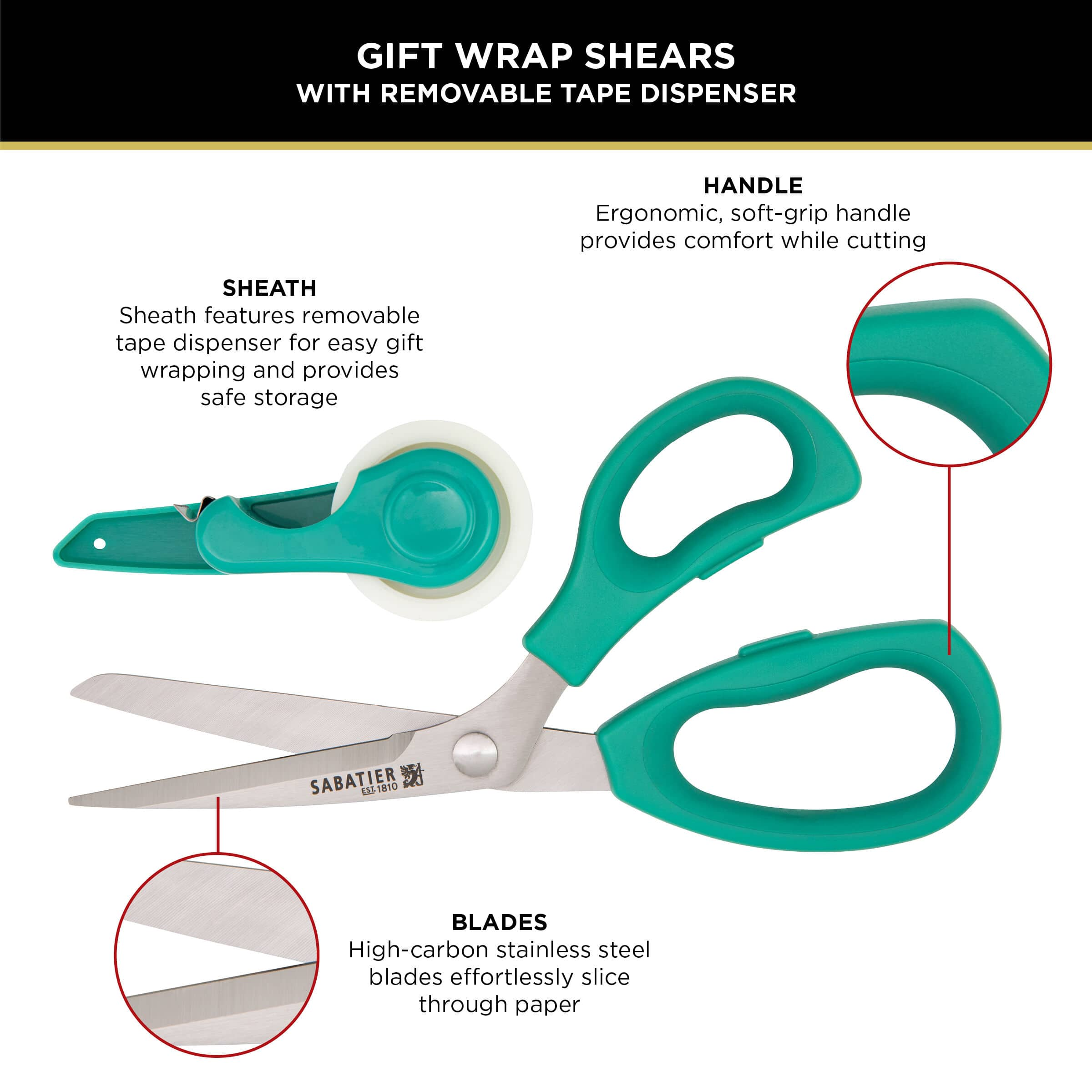 Sabatier 2-in-1 All-Purpose Gift Wrap Scissors with Removable Tape Dispenser Blade Cover