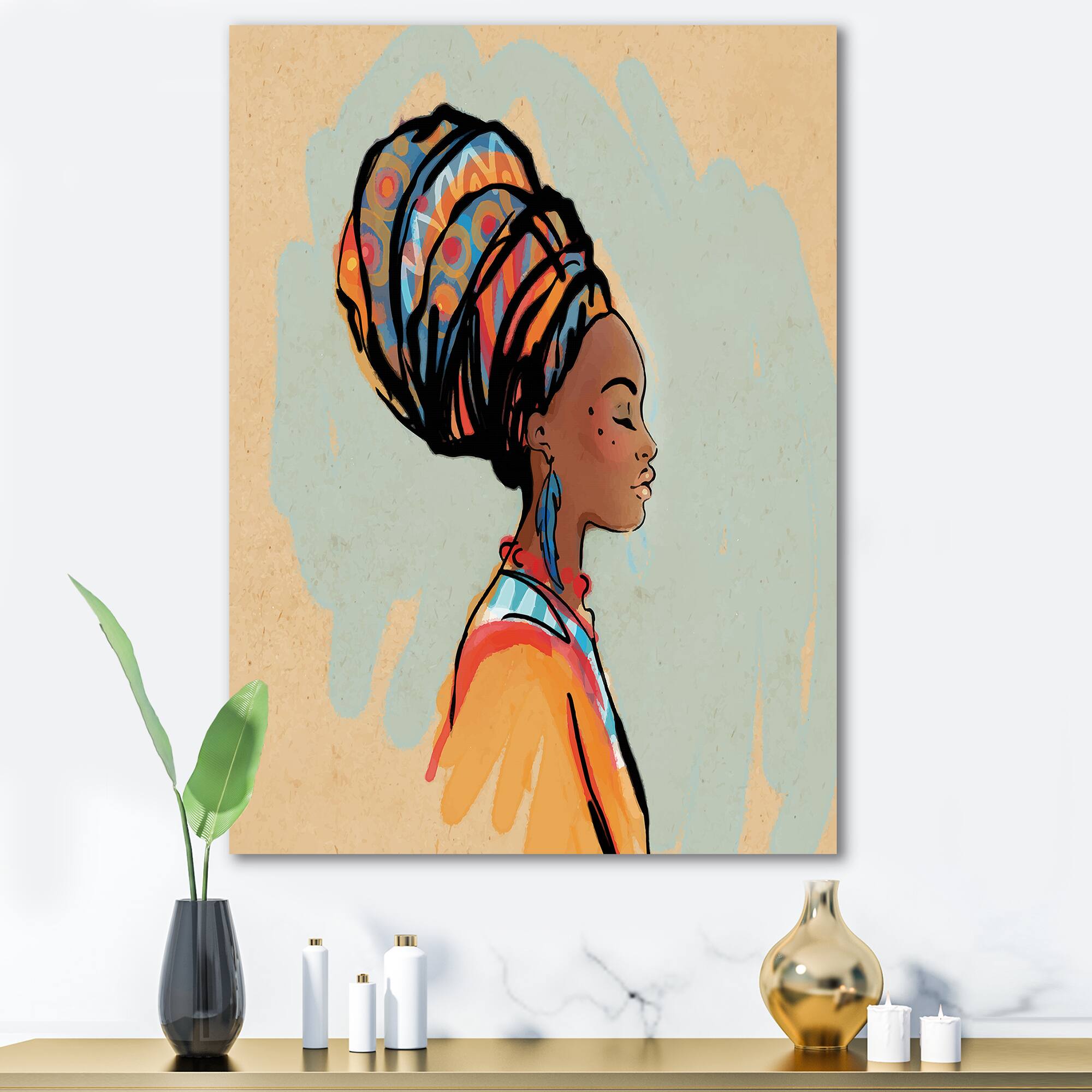 Designart - Portrait of African American Woman With Turban III - Modern Canvas Wall Art Print