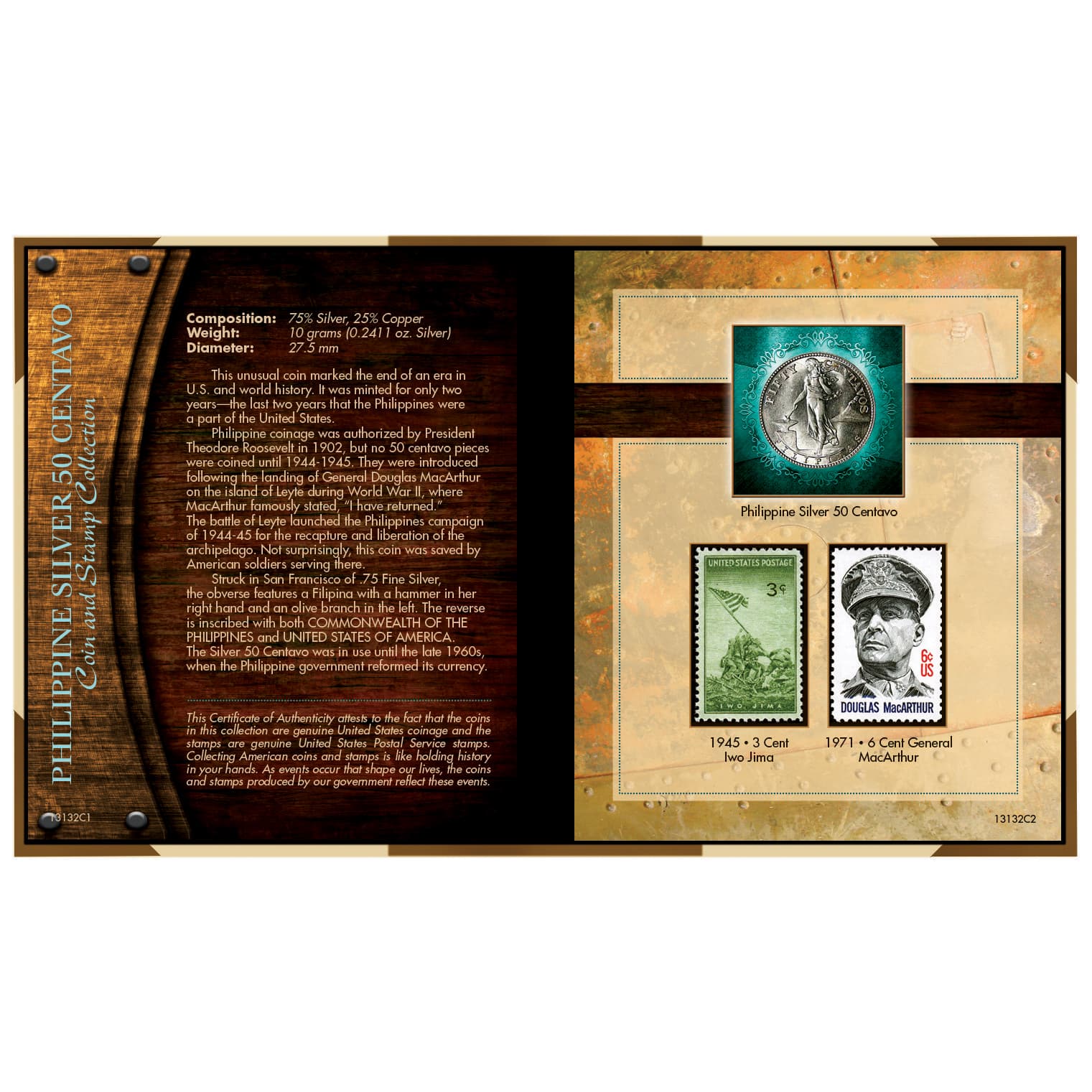 World War II Silver Philippines 50 Centavos Coin & Stamp Collection