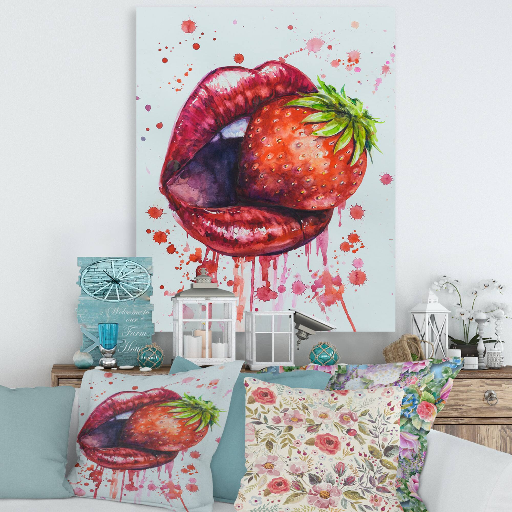 Designart - Red Woman Lips Eating A Strawberry - Modern Canvas Wall Art Print