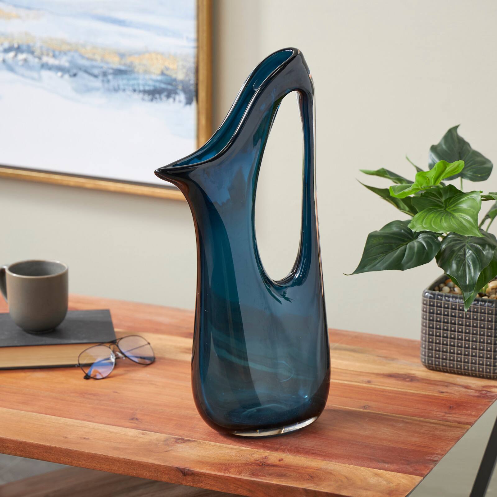 Blue Abstract Glass Vase with Cutout Handle & Elongated Opening