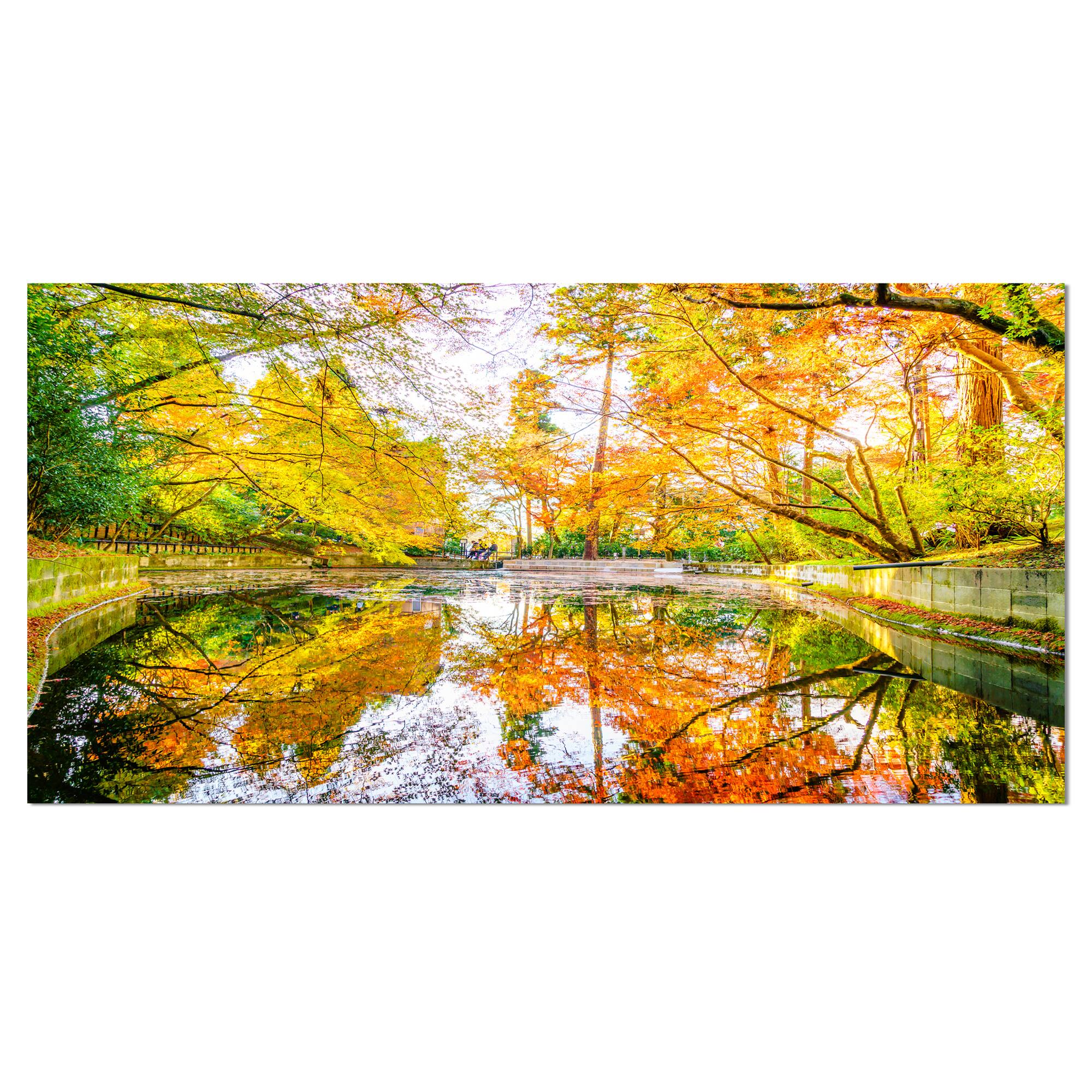Designart - Bright Fall Forest with River - Landscape Canvas Art Print