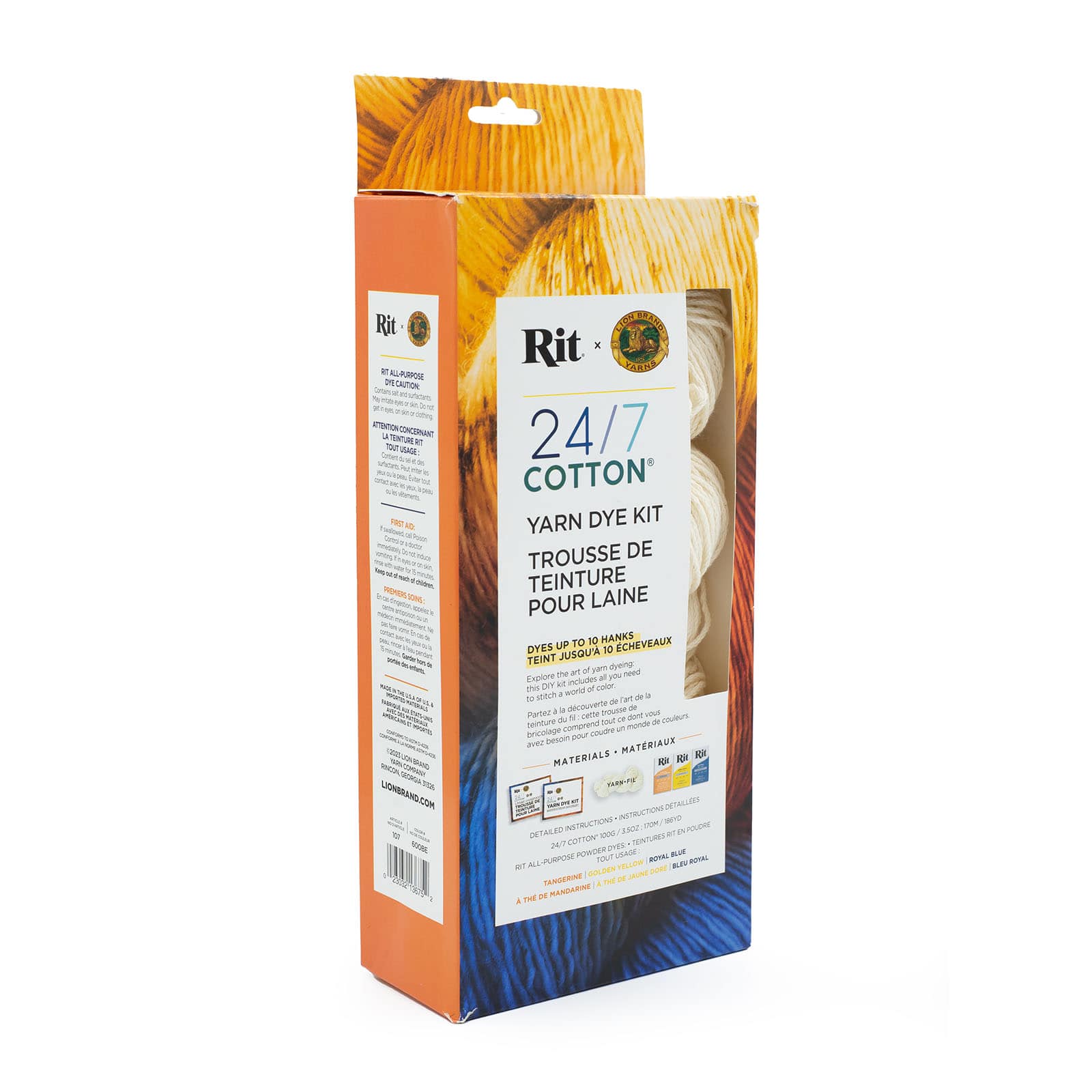 Lion Brand&#xAE; Yarn Tangerine, Golden Yellow &#x26; Blue 24/7 Cotton&#xAE; Yarn Rit&#xAE; Kit
