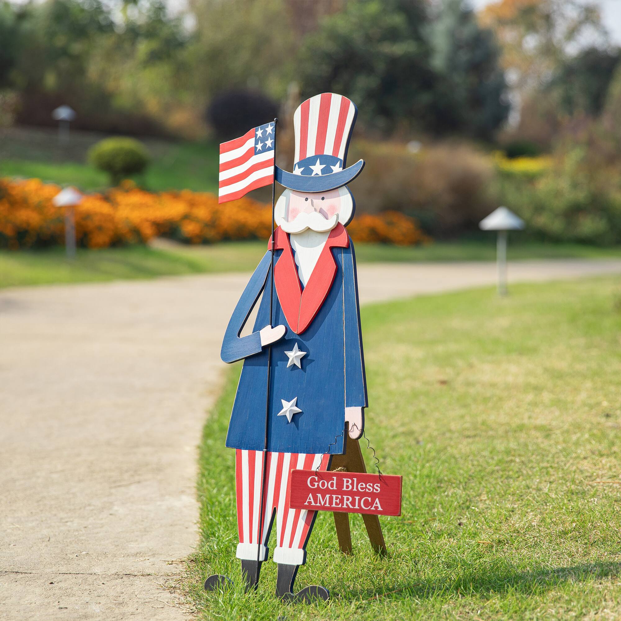 Glitzhome® 36" Wood Patriotic Uncle Sam Yard Stake Décor