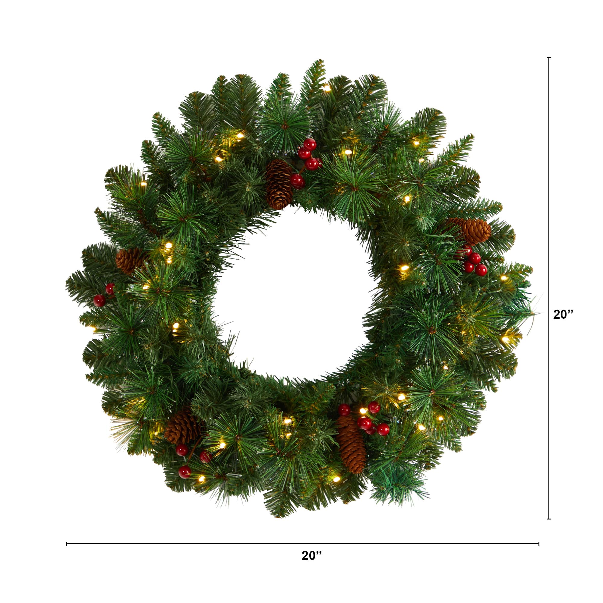 20" White LED Lights Frosted Pine Artificial Christmas Wreath With Pinecones & Berries