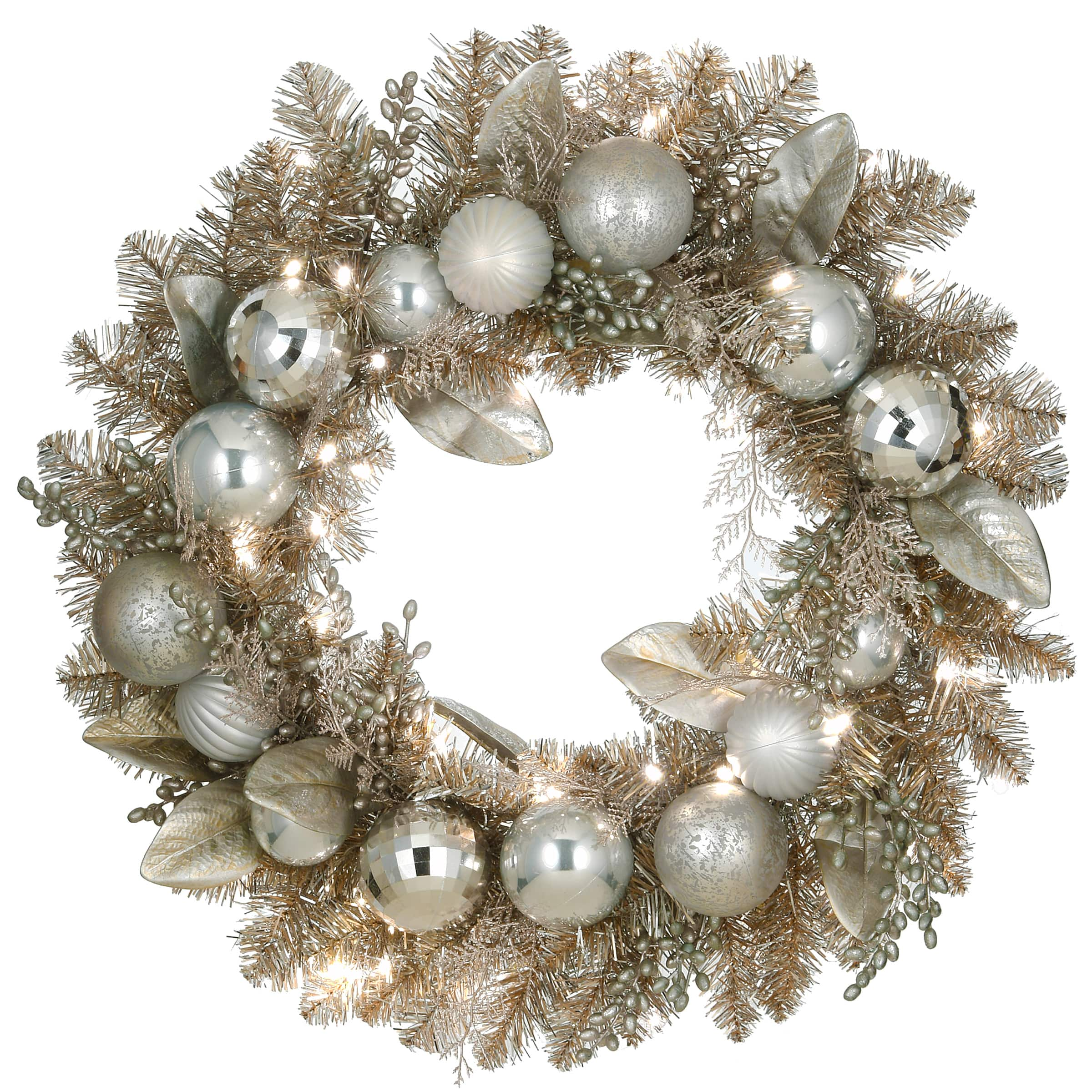 24&#x27;&#x27; Pre-Lit Yuletide Glam Silver Decorated Wreath