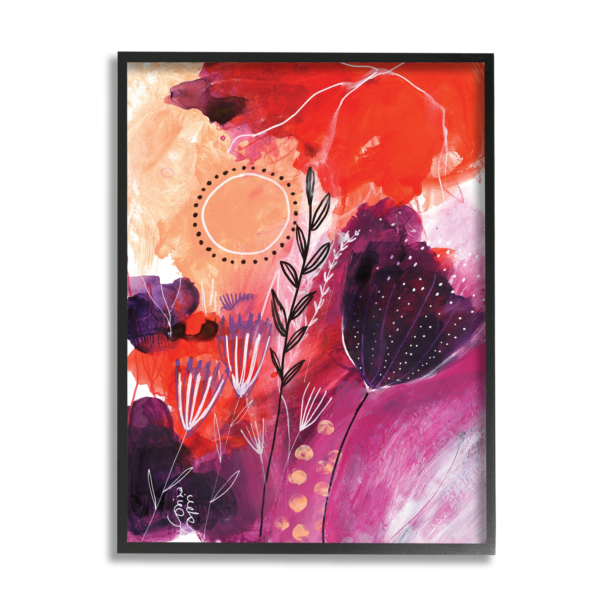 Stupell Industries Whimsical Florals Blooming Orange Pink Purple in Black Frame Wall Art
