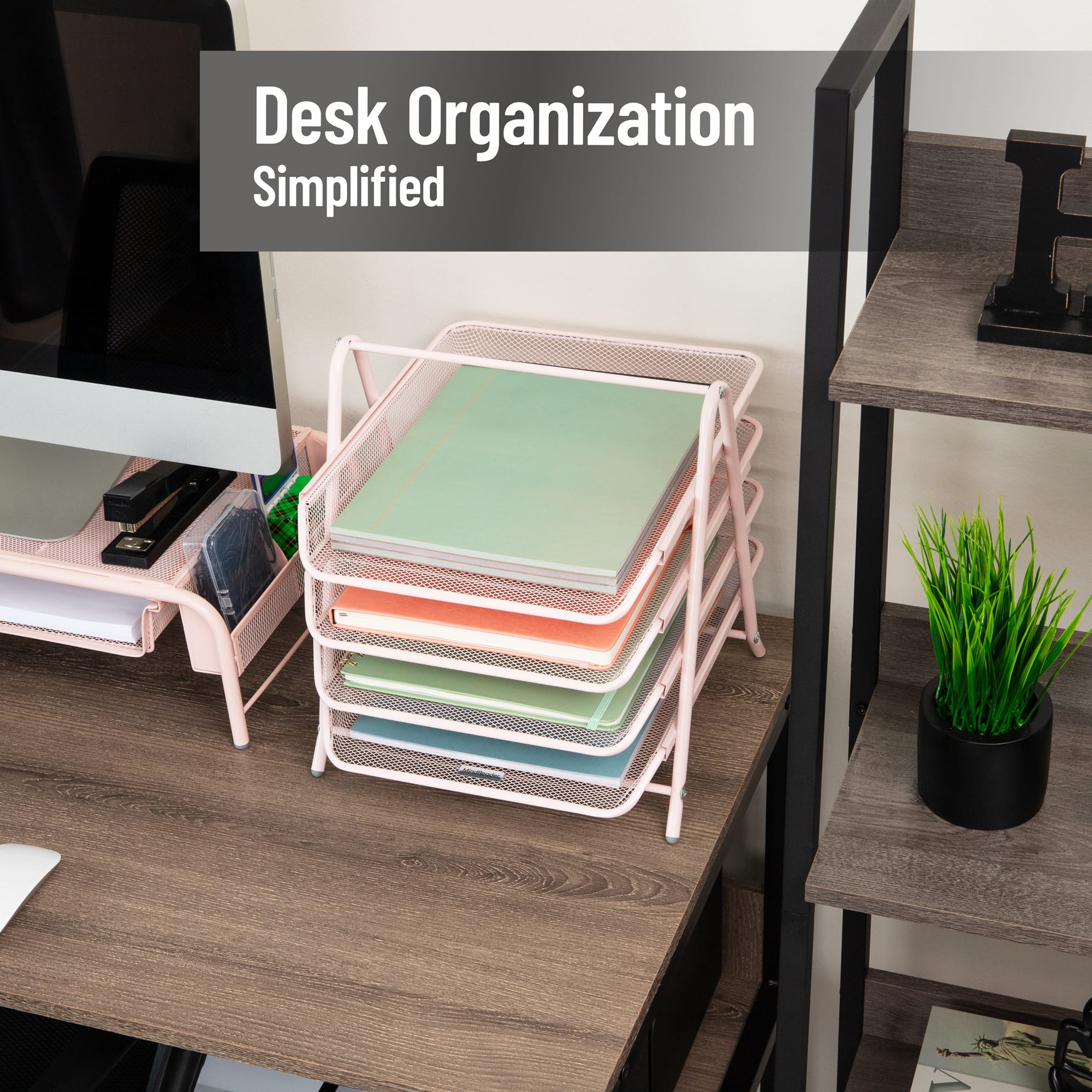 Mind Reader 4-Tier Paper Tray Organizer, Desktop File Sorter with Handle, Document Storage, Slide-Out Trays, Metal Mesh, Pink