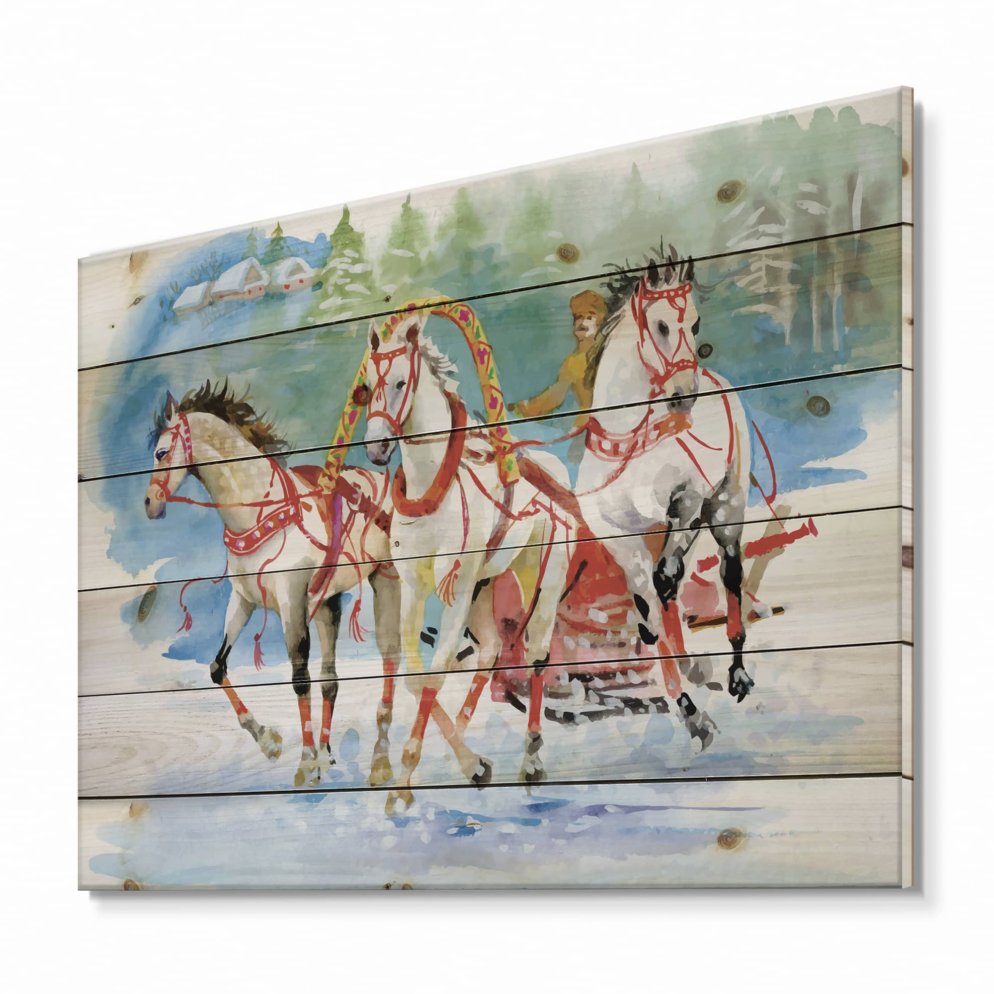 Designart - Galoping Horses With Carriage In The Snow - Farmhouse Print on Natural Pine Wood