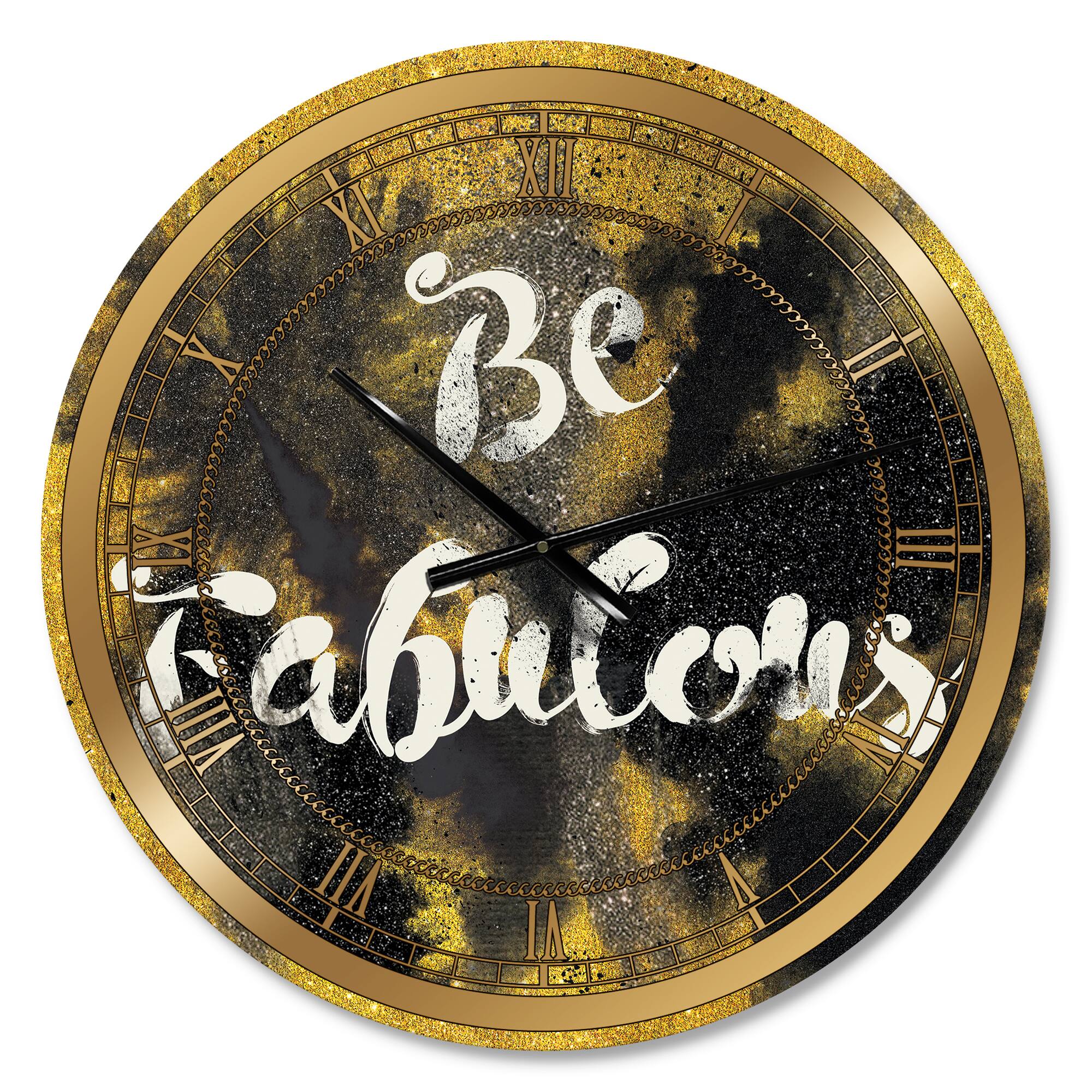 Designart 'Be Fabulous Quote Black On Gold Glam Wall Clock