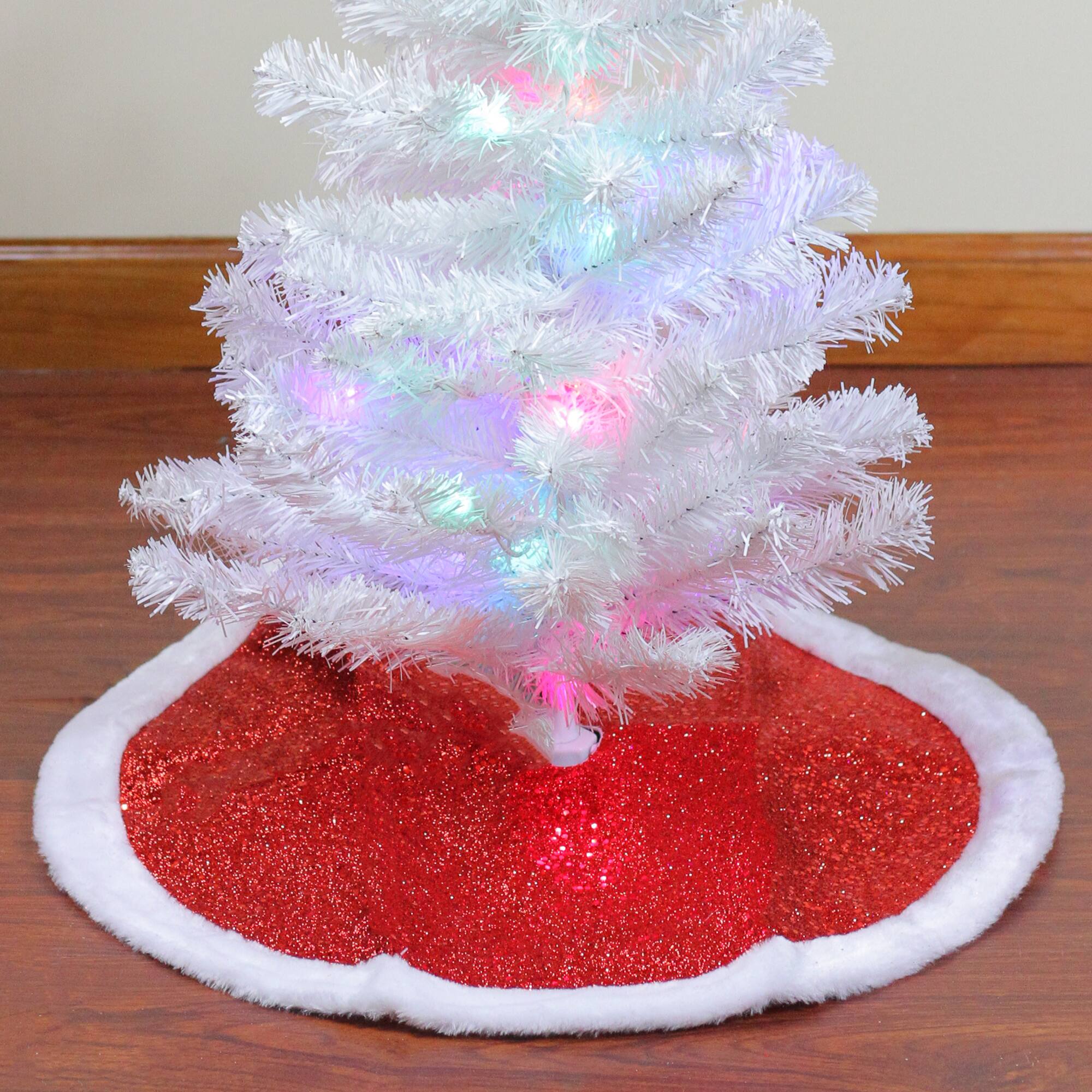 20" Glittery Red & White Faux Fur Trim Mini Tree Skirt