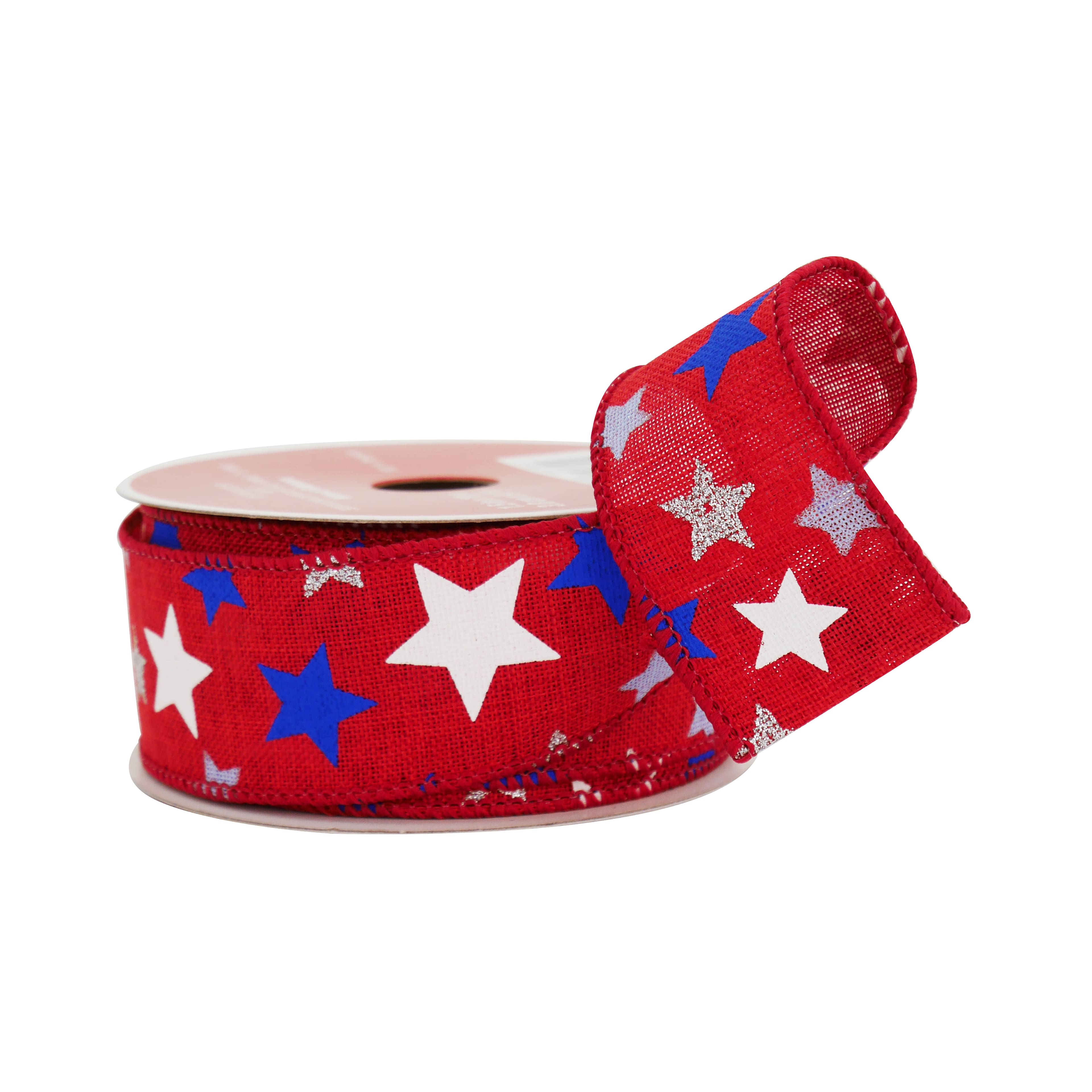 1.5&#x22; x 30ft. Blue &#x26; White Stars on Red Wired Faux Linen Ribbon by Celebrate It&#xAE; Red, White &#x26; Blue