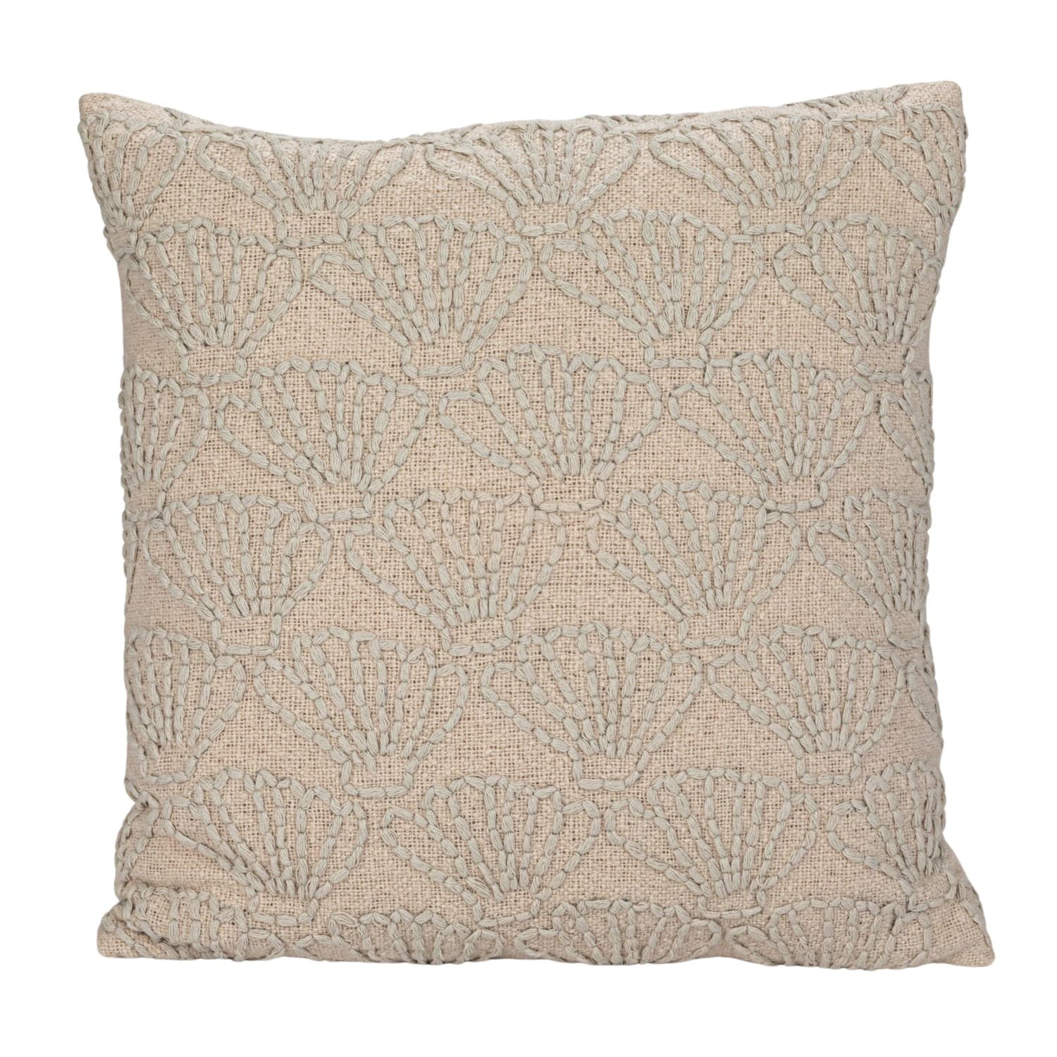 20&#x22; Natural Seashell Hand-Embroidered Pillow