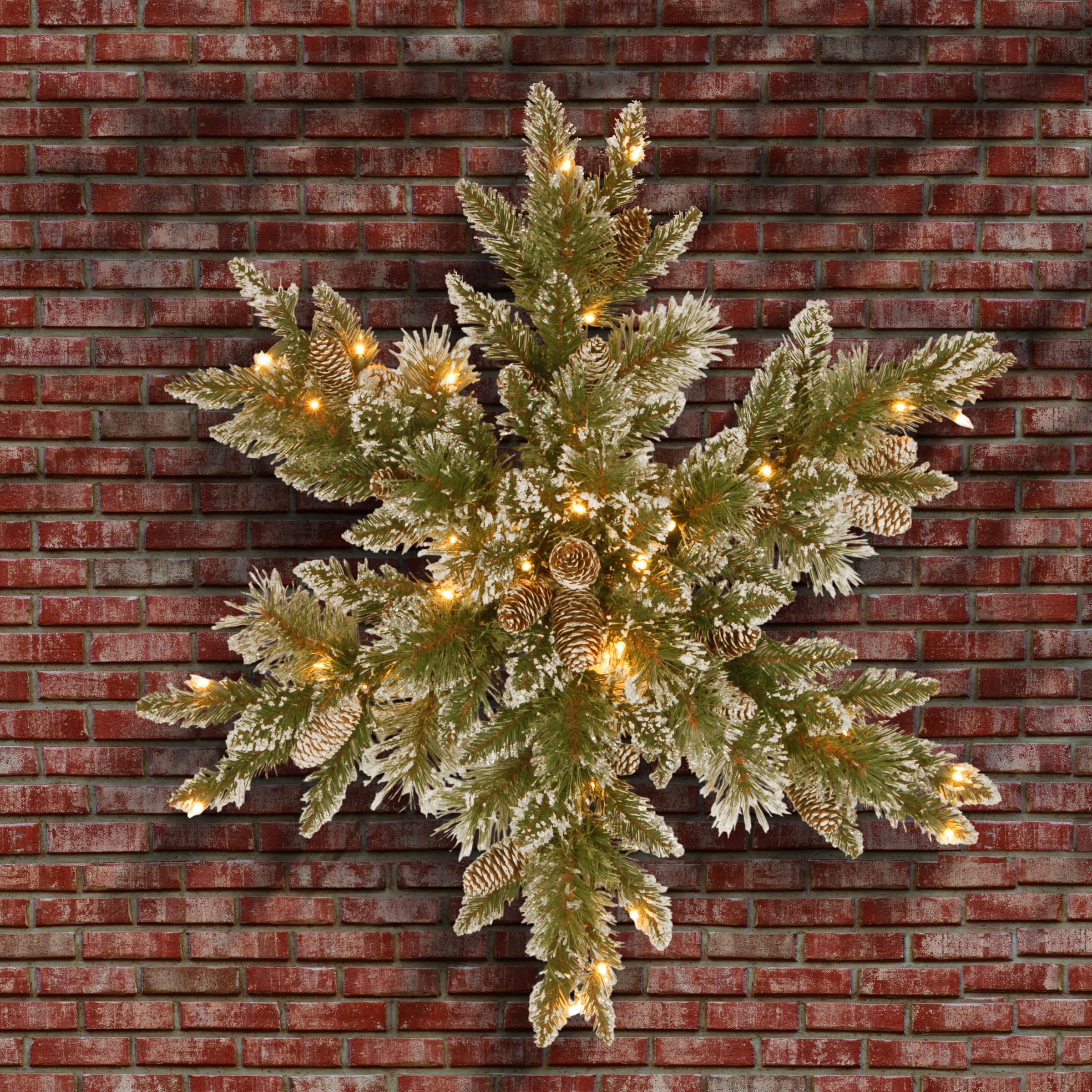 32" Glittery Bristle® Pine Snowflake with White Tipped Pine Cones & Warm White LED Lights