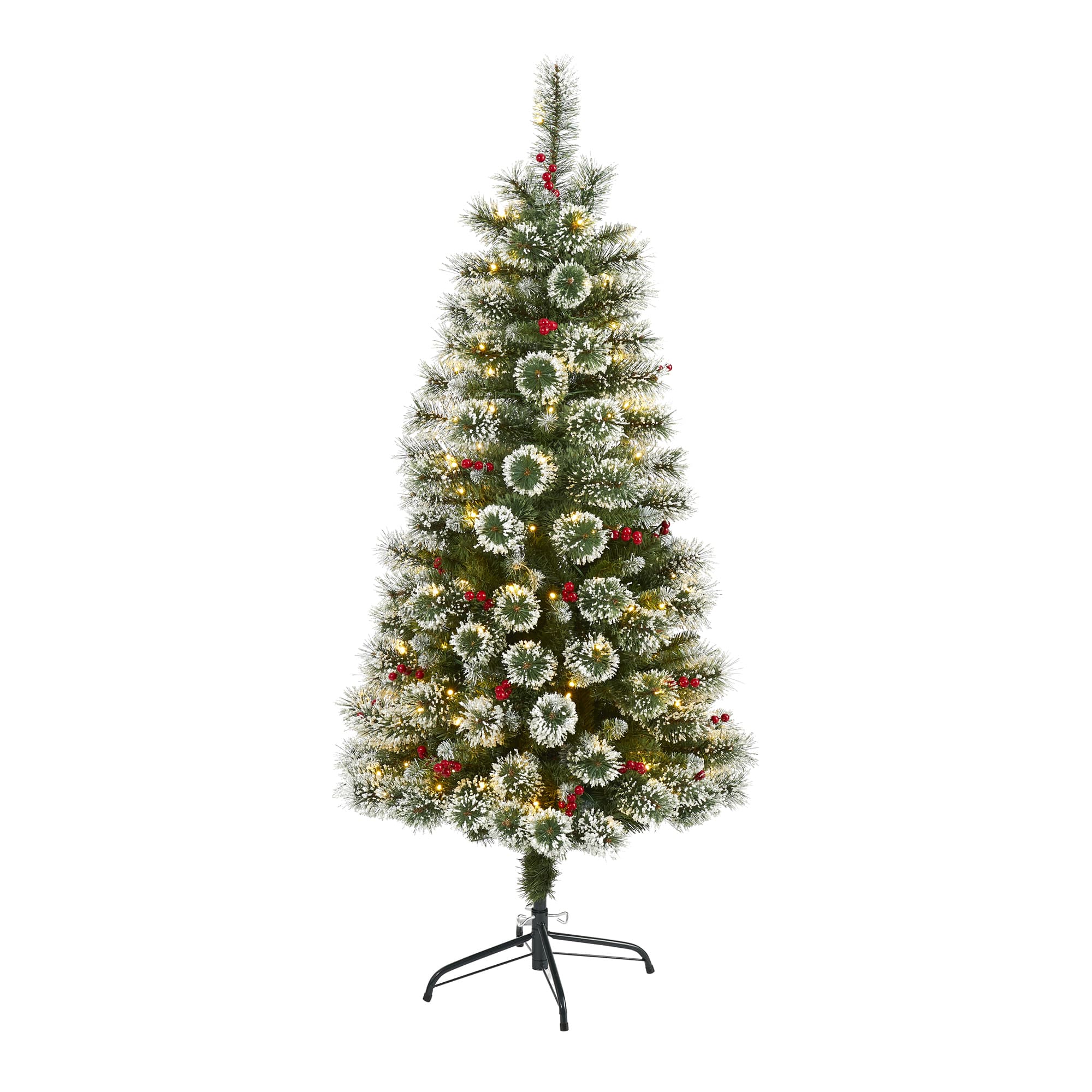 5ft. Pre-Lit Frosted Swiss Pine Artificial Christmas Tree with Berries, Clear LED Lights