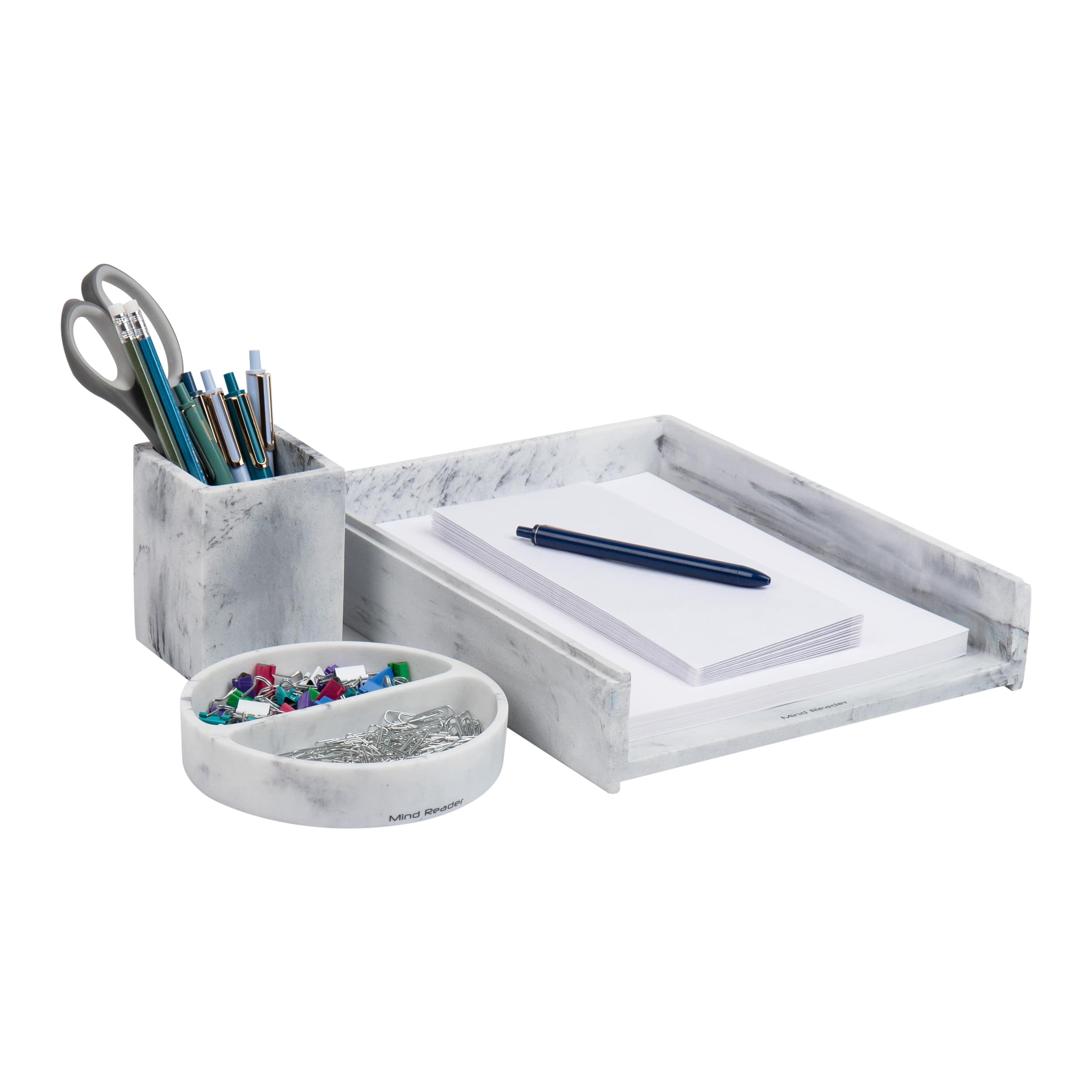 Mind Reader Marbella Collection White Pen Cup, Catch-All Dish &#x26; Paper Tray Office Set