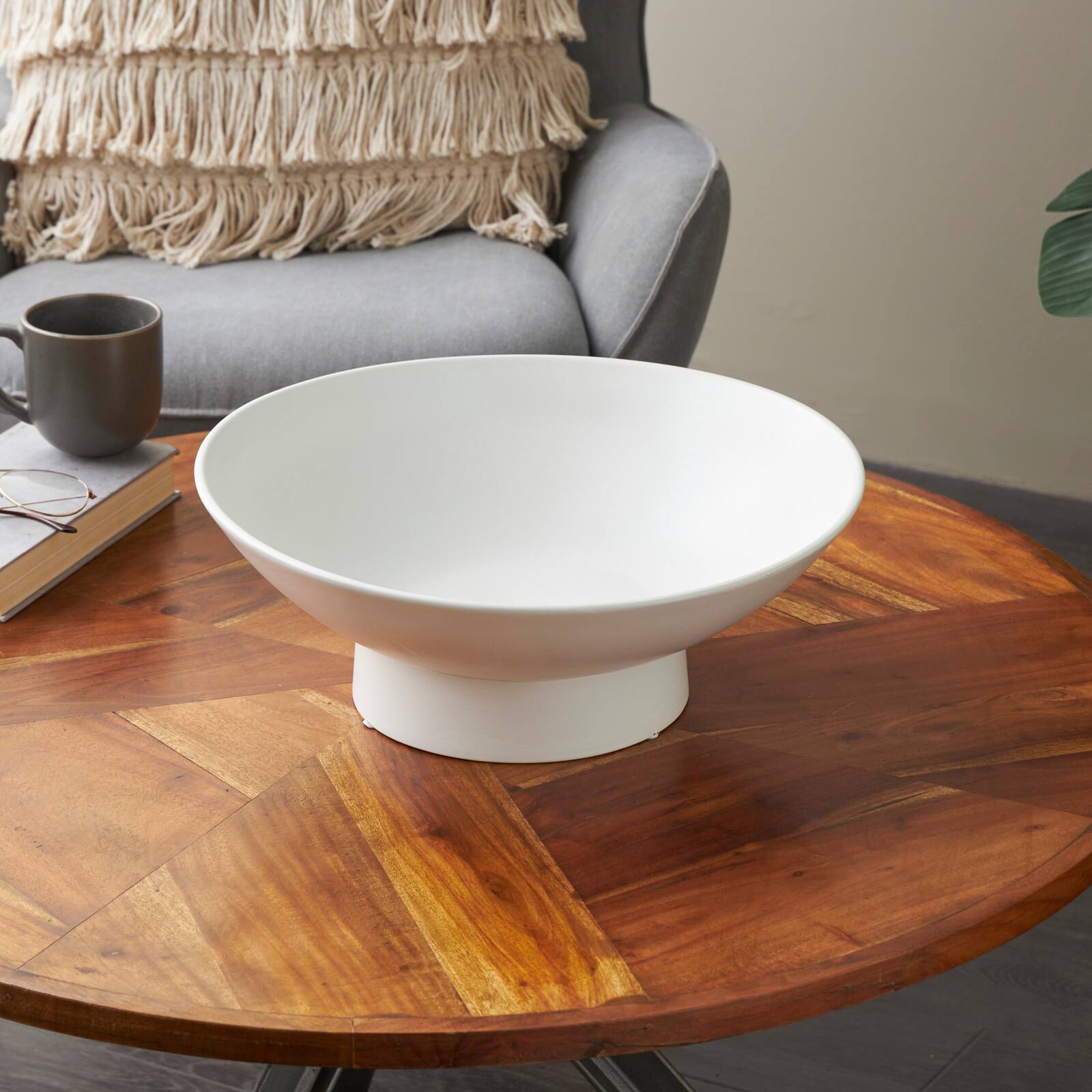 16" White Ceramic Decorative Bowl with Elevated Base