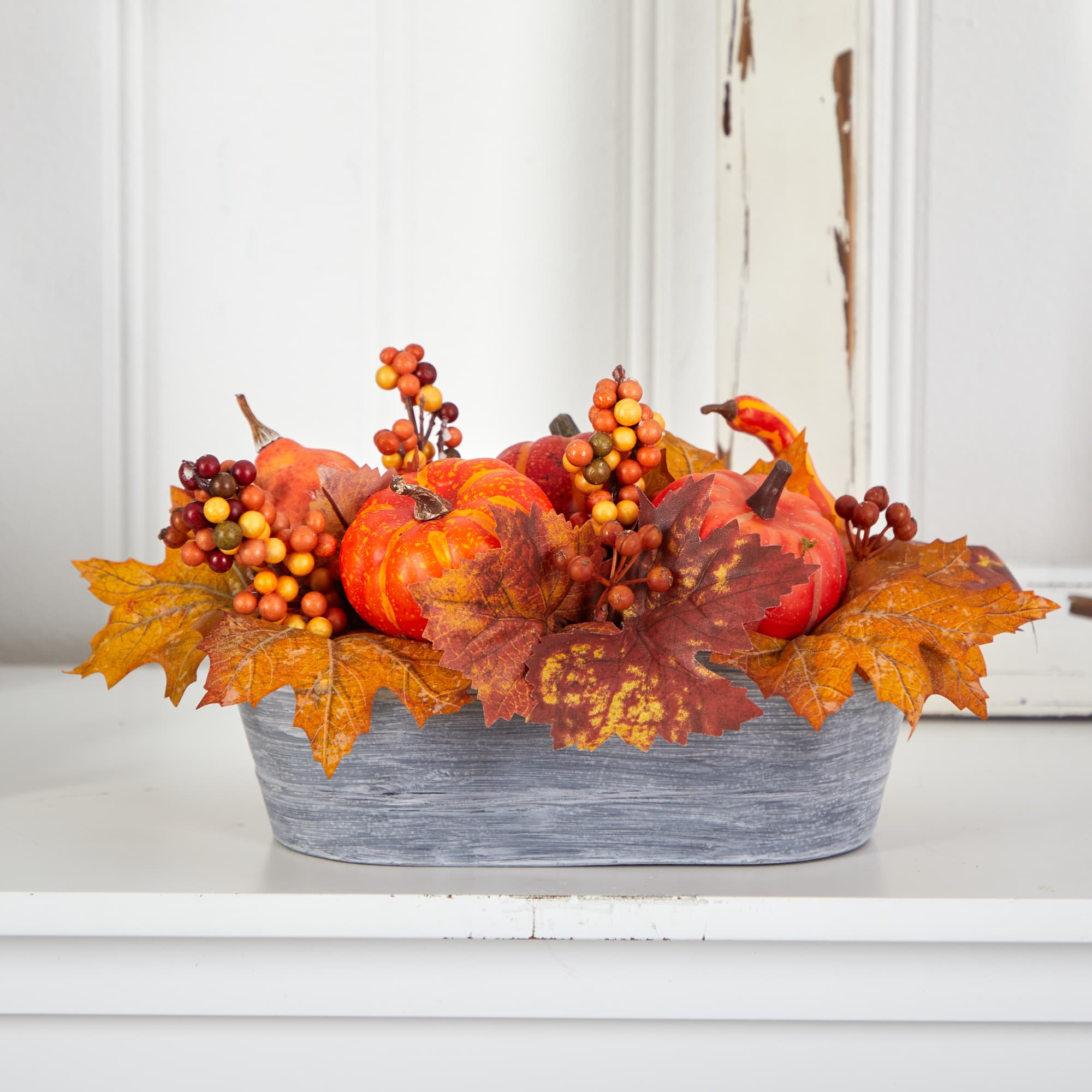 12&#x22; Pumpkin &#x26; Berries Autumn Harvest Arrangement In Washed Vase