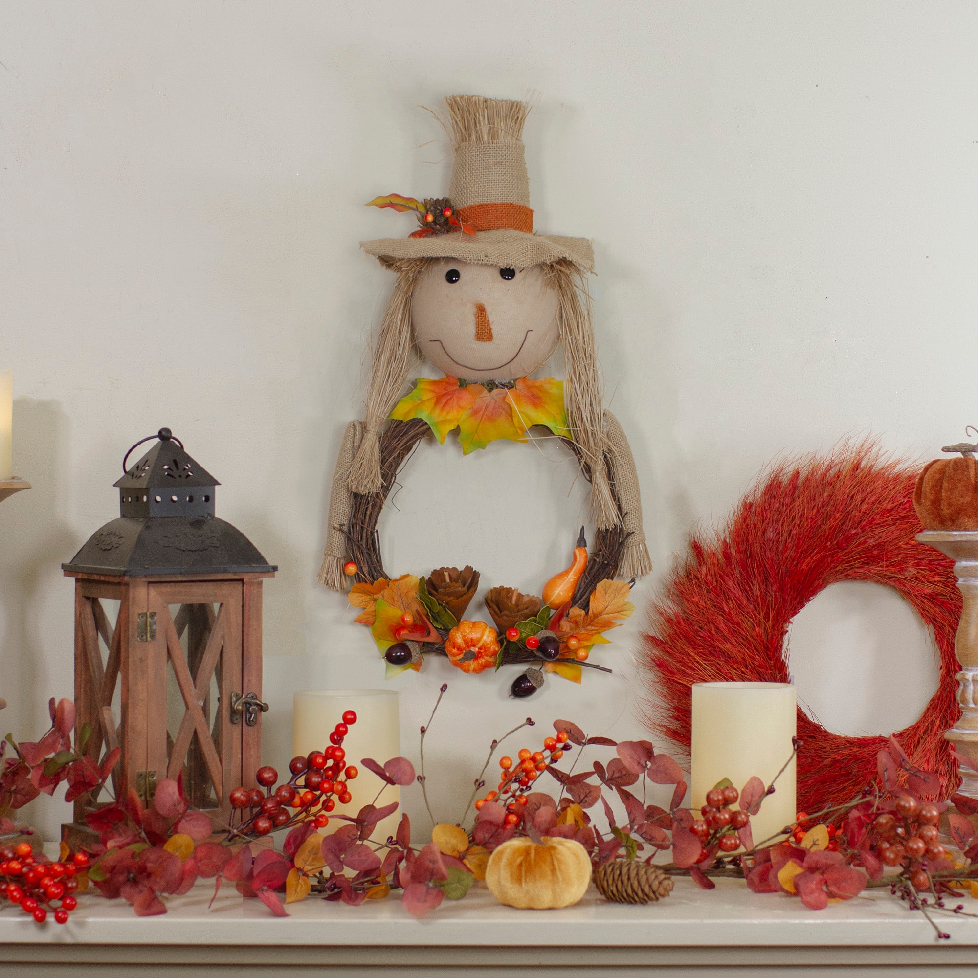 20&#x22; Yellow &#x26; Tan Fall Harvest Scarecrow Wreath Wall Decor