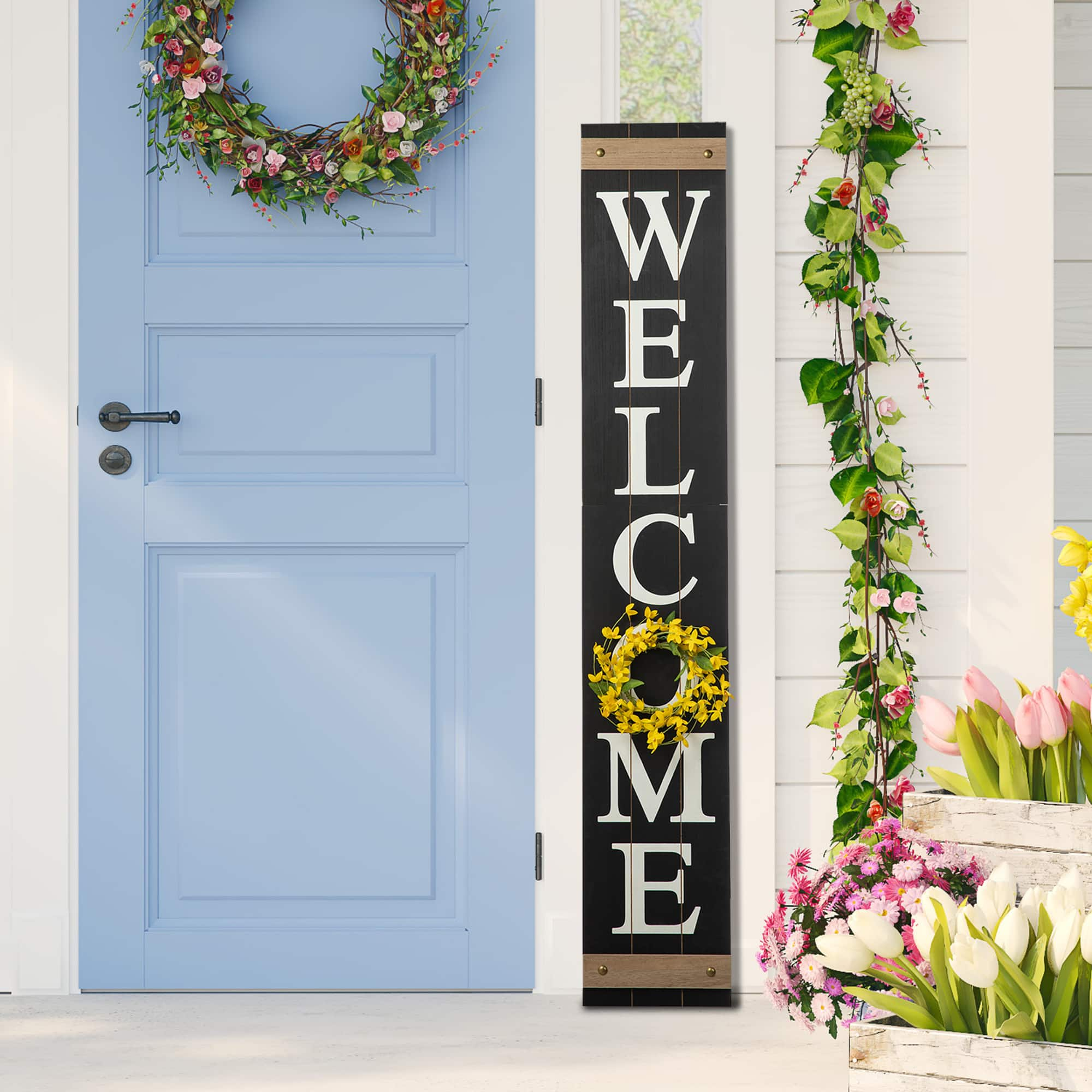 Glitzhome&#xAE; 5ft. Welcome Wood Porch Sign with 4 Changeable Wreaths