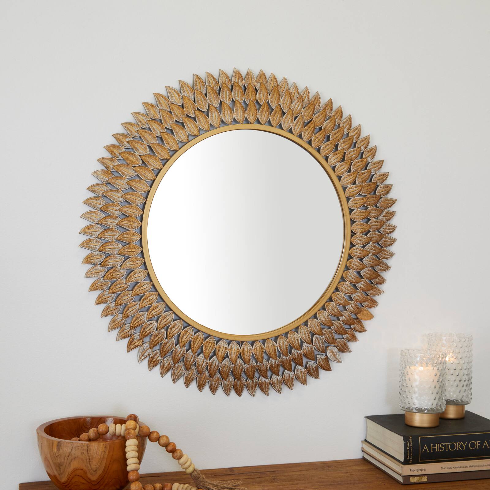 Gold Metal Radial Leaf Wall Mirror 32" x 1" x 32"