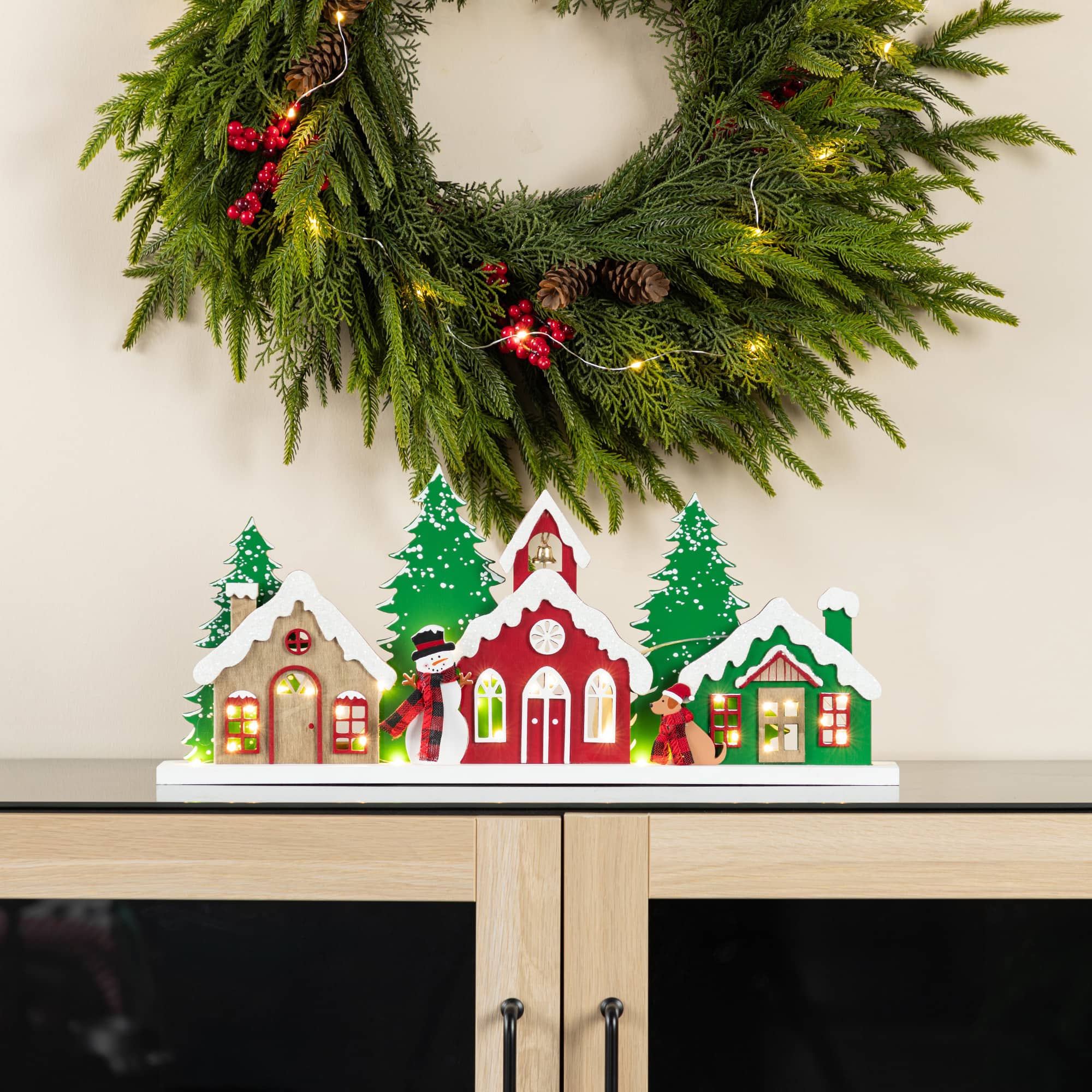 Glitzhome&#xAE; 20&#x22; Lighted Wooden Christmas Villages Table Decor