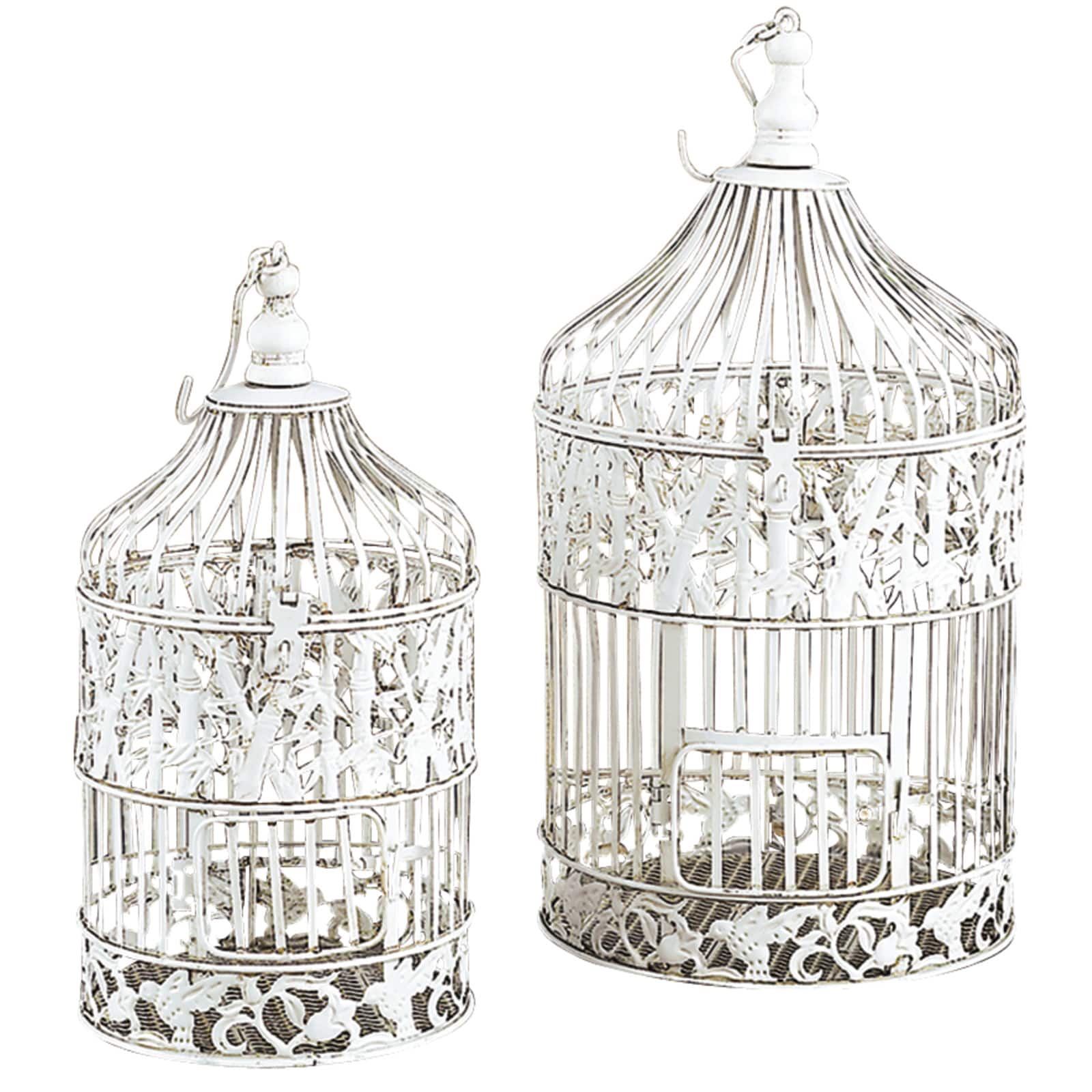 Vintage Distressed White Metal Floral Bird Cage Set